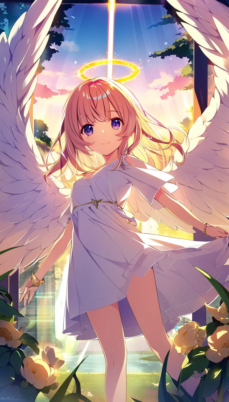 one girl, angel, angel wing, angel ring, sacred, cute, naive