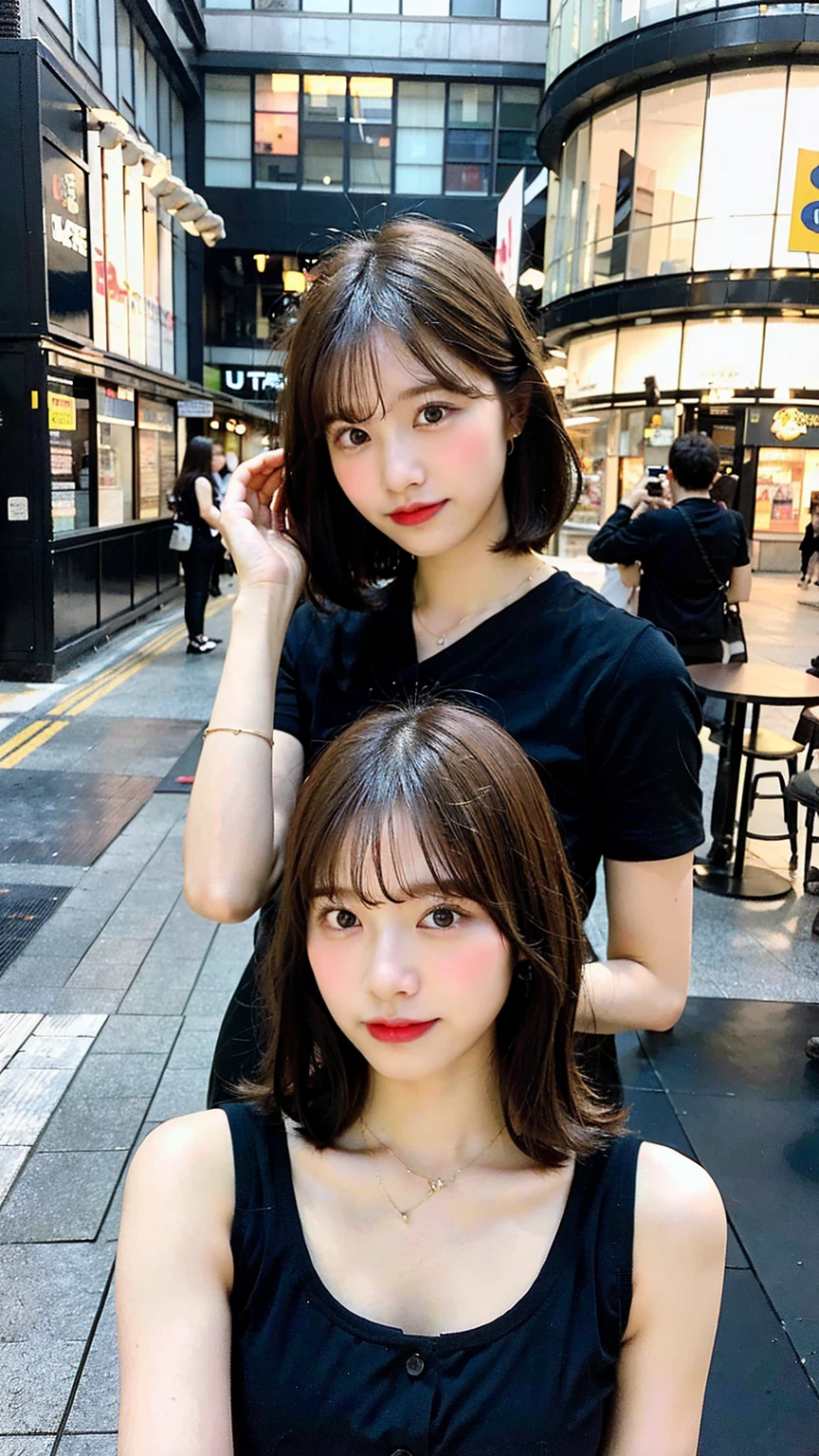 (Highest quality, 8K, 32k, masterpiece, Ultra-high resolution: 1.2), Cute Japanese Women Photos, Very short bob hair, whole body, Extra Large_one piece, necklace, Simple Background,(Film aesthetics:1.4) Bokeh urban night photo of a beautiful fashion model、Project the feet too,whole bodyを投影する