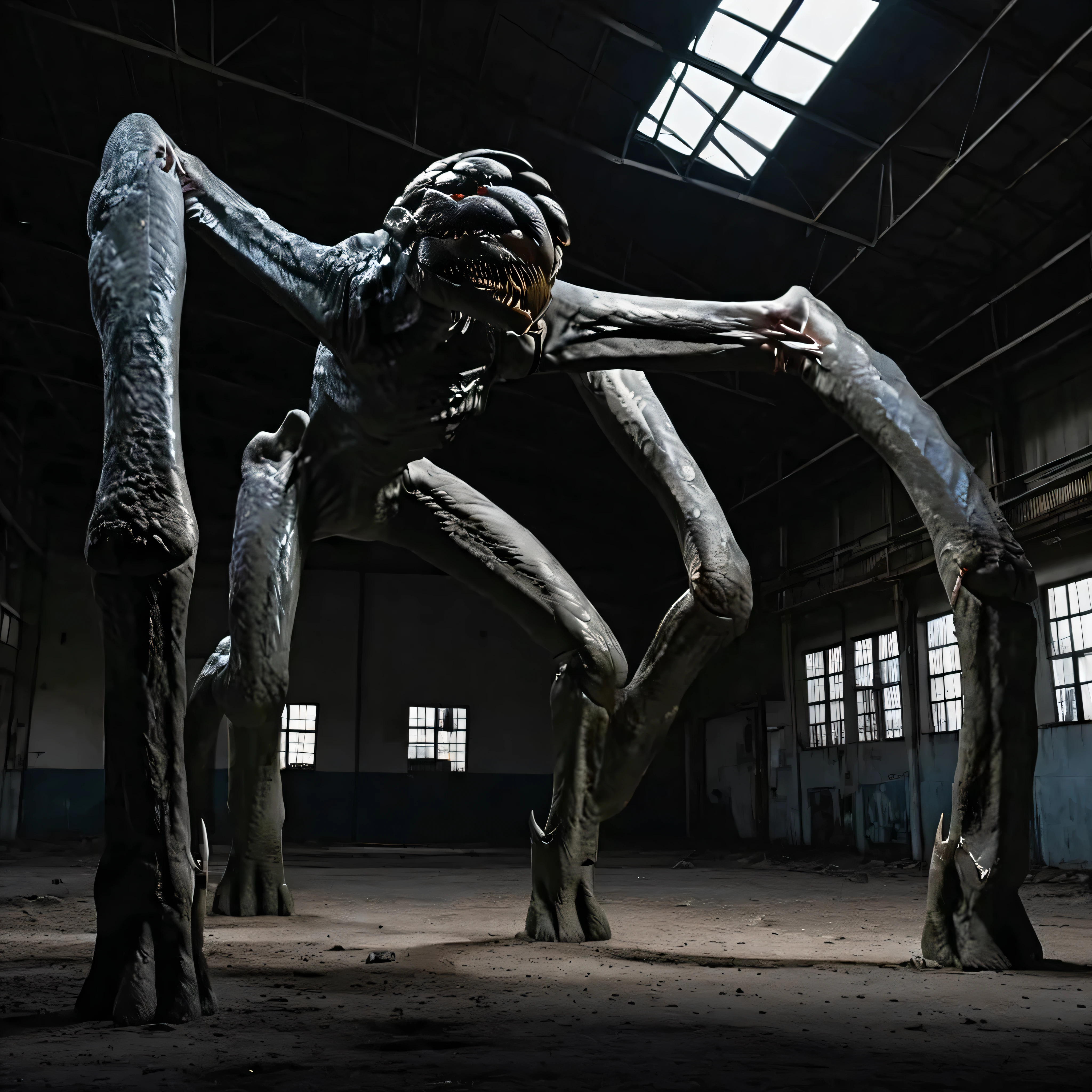 At night, shot by oldsiemens, abandoned warehouse, wide-angle camera, a monster composed of residual limbs, inspired by the classic horror movie The Thing, extremely frightening, disgusting and disturbing