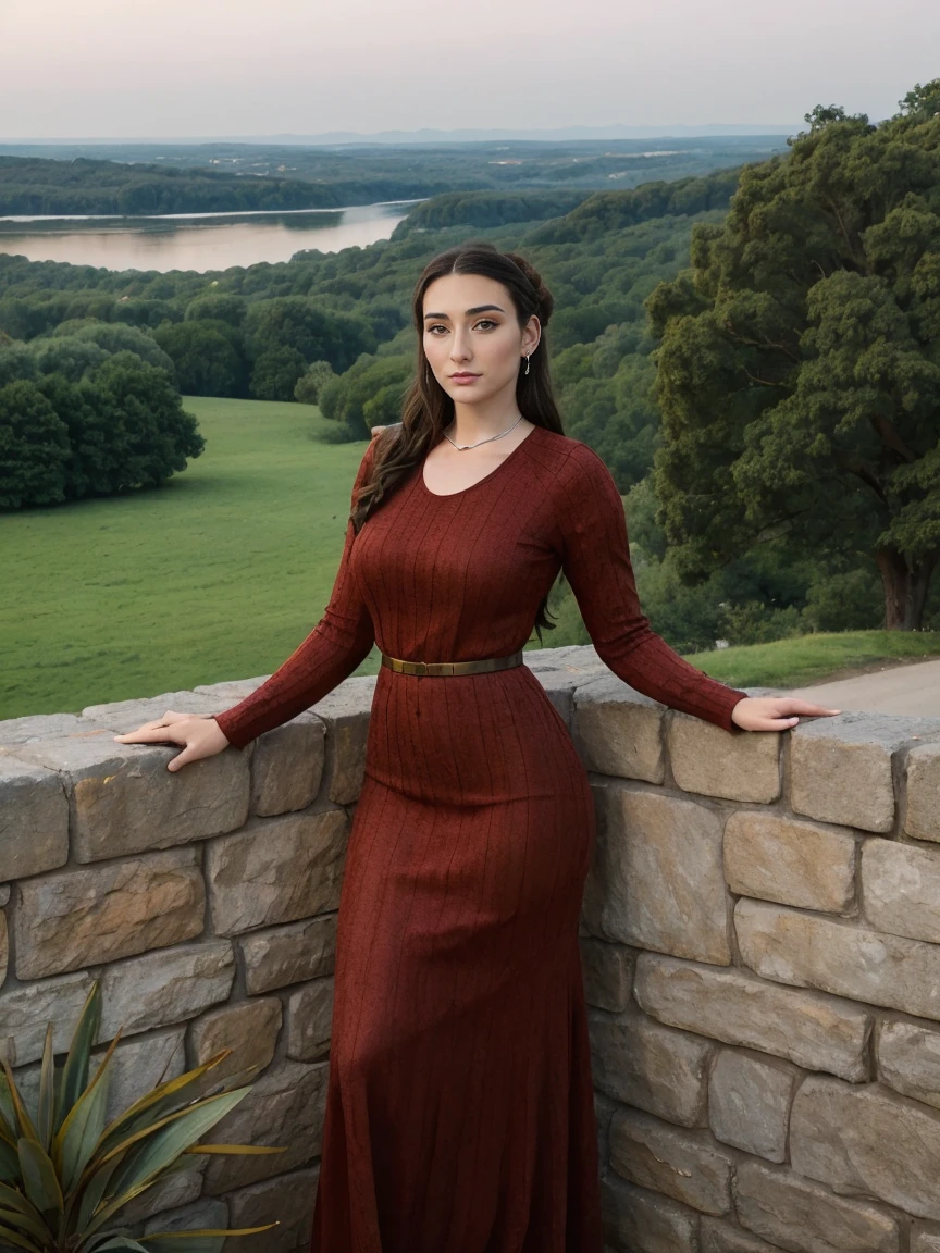 Beautiful and regal, imperious and aloof, busty athletic (thin) brunette queen with sharp facial features wearing a modest updo, dark red medieval dress, long sleeves, intricate patterns, scrollwork, wide neck, crown, veil, long dress, modest dress, tight bodice, (silver waist chain), medieval jewelry, Middle Ages, castle, rampart, wall, exterior, on top of a castle wall, trees, countryside, evening.