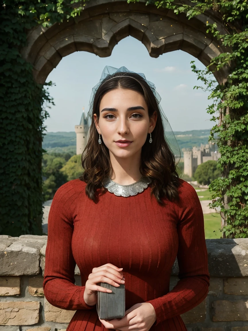 Beautiful and regal, imperious and aloof, busty athletic (thin) brunette queen with sharp facial features wearing a modest updo, dark red medieval dress, long sleeves, intricate patterns, scrollwork, wide neck, crown, veil, long dress, modest dress, tight bodice, (silver waist chain), medieval jewelry, Middle Ages, castle, rampart, wall, exterior, on top of a castle wall, trees, countryside, evening.