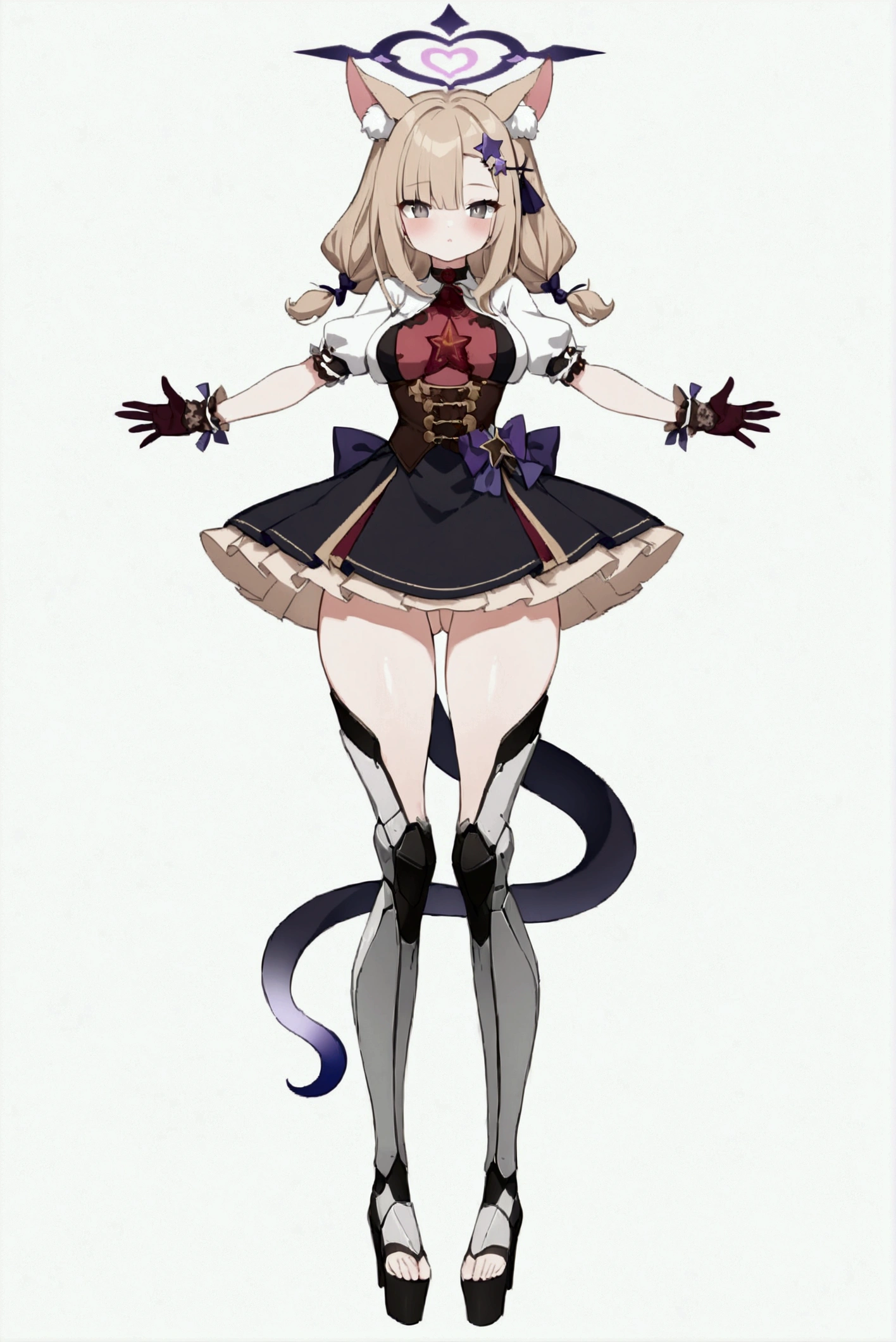 woman 170 cm tall, medium chest, wide hip, slim build, charming look, ((whole body)), (((character design sheet: front view))), (dark blonde hair, ((hip length wavy hair, asymmetrical bangs, star hairpin)), (She has a short braid tied with an elegant purple ribbon on the left side of her hair above her chest), (She has a short braid tied with an elegant purple ribbon on the right side of her hair above her chest), She has small hair bows in the back of her hair), ((Gray eyes with a pink 4-pointed star in the pupil)), (Two black and purple fox ears located on the top of the head), (Luminous black horizontal halo with purple star patterns above head), He has a black collar with a heart emblem on his neck., (Elegant long one piece dress, Thigh-length lace and ruffle skirt, large bow at the back of the hip, ribbon decorations and star patterns on the dress), black ruffled gloves, Black platform heels, gray belt at the waist with a large ribbon with a luminous pink heart in the middle, ((It has a thin succubus tail that ends in the shape of a heart)), (((It has complex mechanical legs that reach up to the thighs and are black with small purple and red details.))), extremely detailed beautiful hair, beautiful detailed dress, extremely detailed arms, extremely detailed face, Extremely detailed hands, perfect hands, small face, Beautiful detailed eyes, beautiful detailed lips, adorable, extremely detailed legs, (Best Quality, 4k, high resolution), ultra detailed, Exquisite and epic character art, ((White background)), (Focus on symmetry).