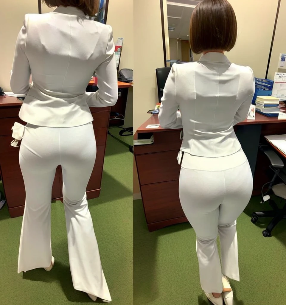 Highest quality、8K、masterpiece、Ultra-high resolution、Clear photos、Tabletop、Realistic、Complex and delicate, 8K壁紙、 Very detailed、(Very cute girl、The cutest Yoda Yuki)、Facial details、(Wearing a white office suit)、Put your ass in front of the camera、thin、Tight waist、(Small Ass:1.4)、(Tight white formal pants)、library、Short Bob Cut、Toned body、Rear View、Lean forward at your desk、Full body photo