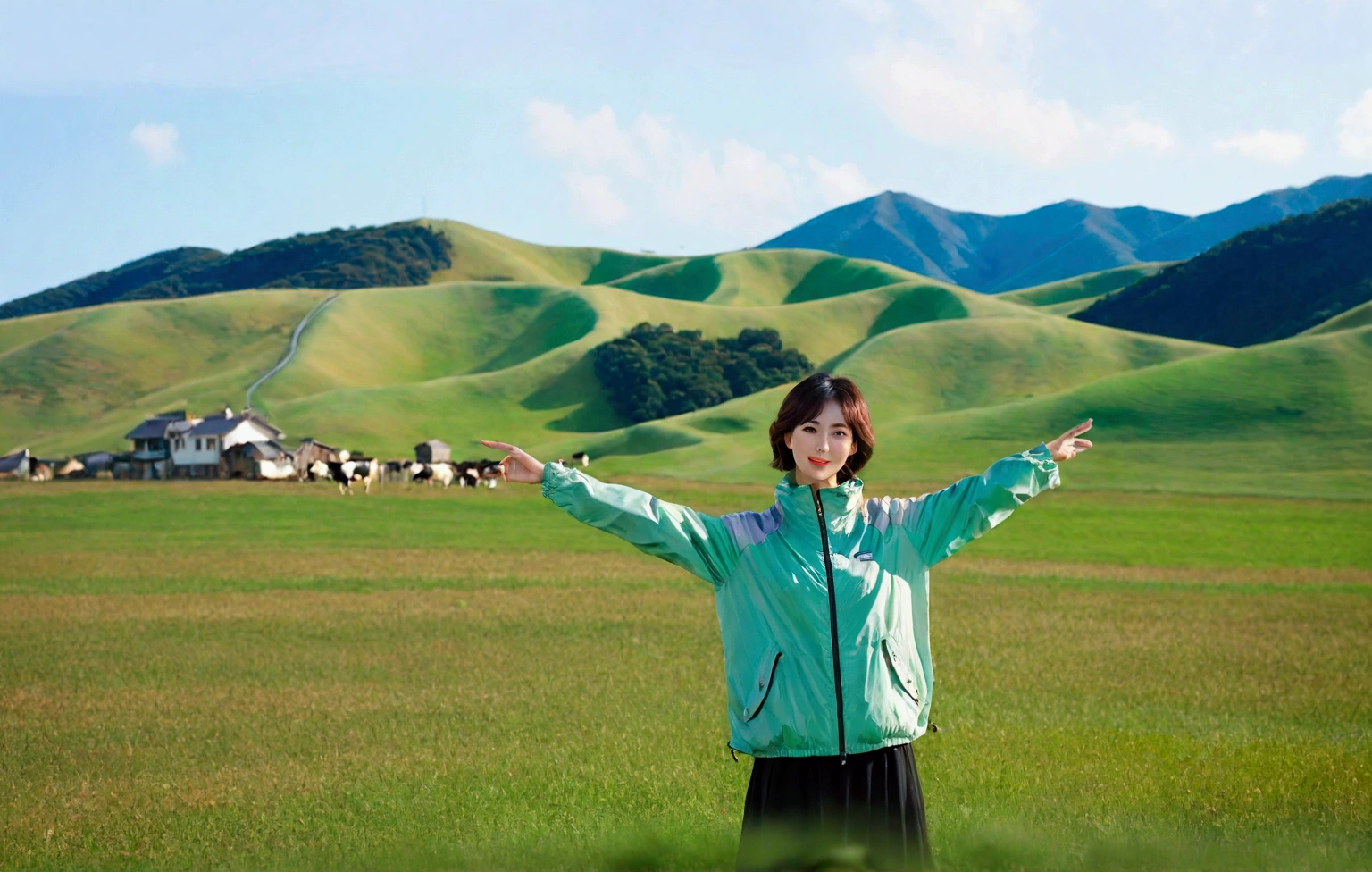 high quality, 1 woman, ((36-year-old healthy Korean woman)), ((36 years old)), 1 woman, eyes are big and beautiful. ((slim)), ((short medium hair)), Smile. pose: standing, gray and light green luxury brand windbreaker jacket, background: 1 woman, California, USA, pasture, Cow, grass. 푸른 grass, Full body shot with 16-34 wide angle lens, looking up the side, morning red sunlight, Make the whole body visible