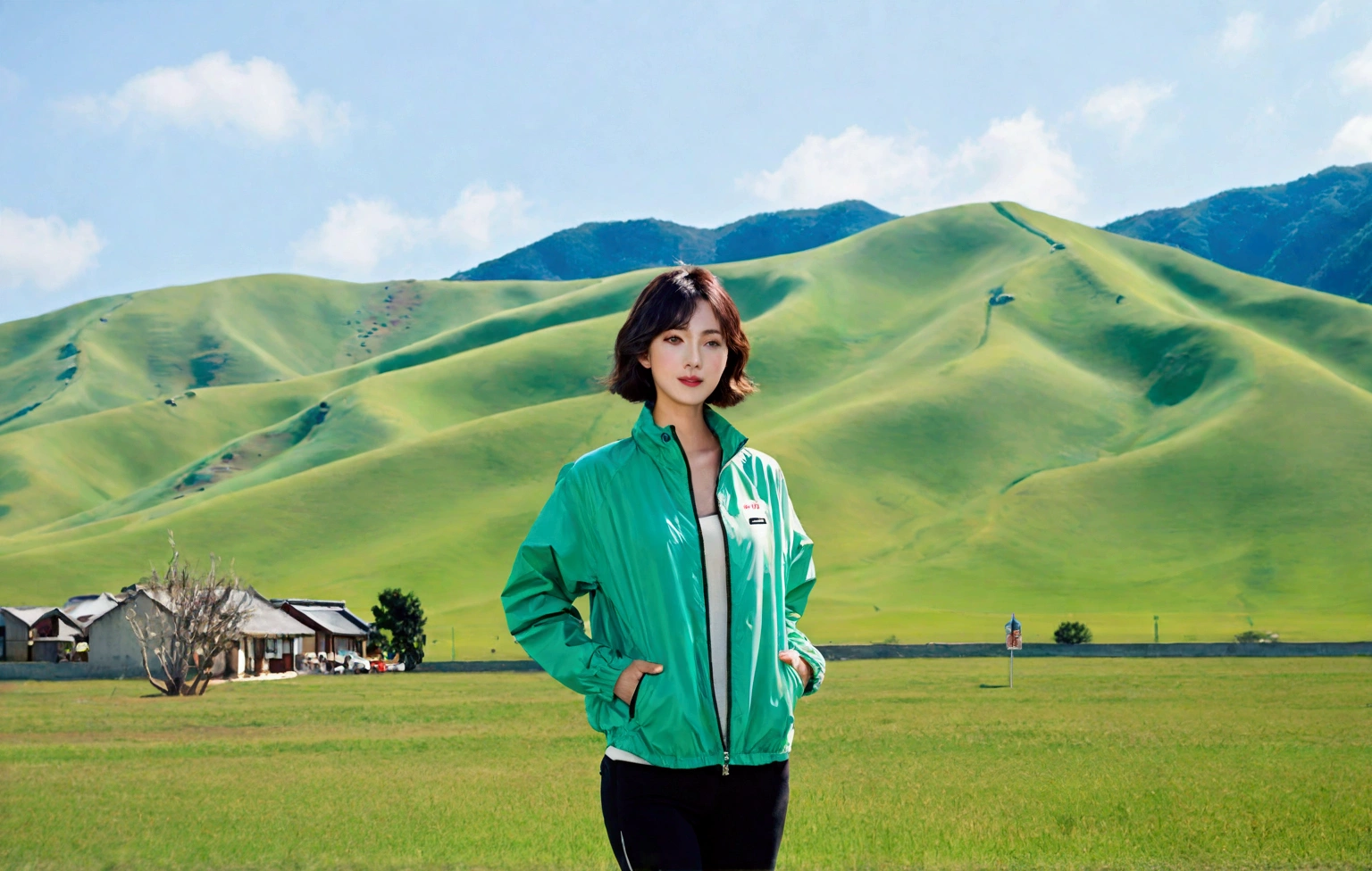 high quality, 1 woman, ((36-year-old healthy Korean woman)), ((36 years old)), 1 woman, eyes are big and beautiful. ((slim)), ((short medium hair)), Smile. pose: standing, gray and light green luxury brand windbreaker jacket, background: 1 woman, California, USA, pasture, Cow, grass. 푸른 grass, Full body shot with 16-34 wide angle lens, looking up the side, morning red sunlight, Make the whole body visible