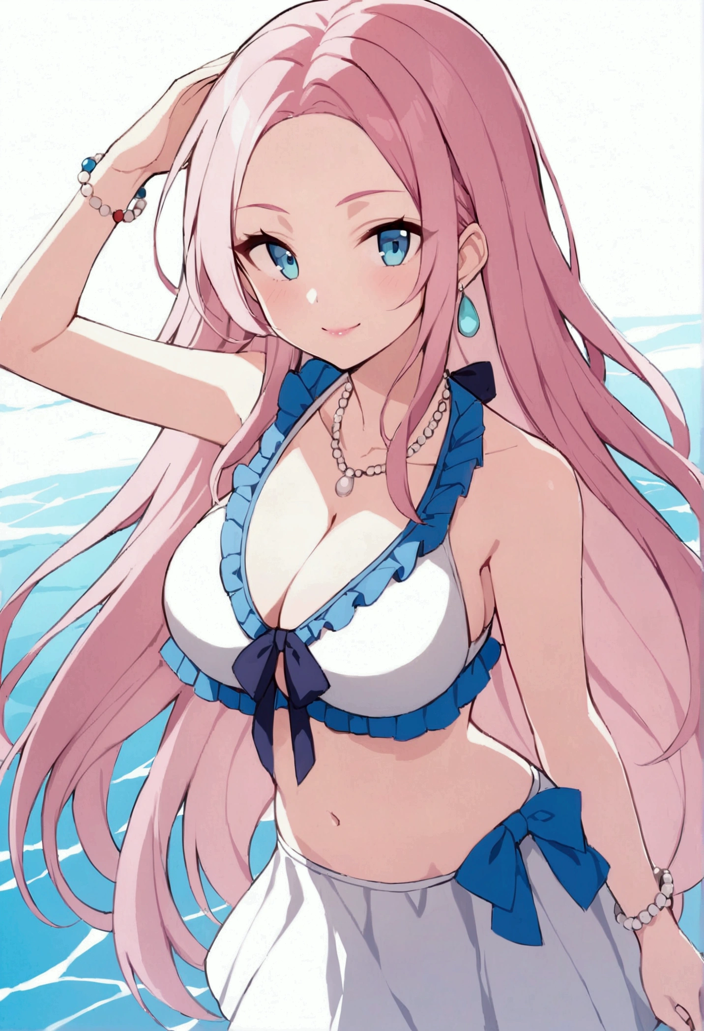 slender, mature female,jewelry, bracelet, 1girl, long_hair, pink_hair, breasts, cleavage, blue_eyes, necklace, looking_at_viewer, bead_bracelet, parted_bangs, beads, bare_shoulders, earrings, swimsuit, white_bikini, solo, large_breasts, bangs, bikini, collarbone, frills, skirt, water, crop_top, smile, very_long_hair, pearl_bracelet, bangle, sidelocks, midriff, arm_up, closed_mouth, forehead, navel, standing, cowboy_shot, sleeveless, frilled_bikini, stomach,  lips, eyebrows_visible_through_hair, white_skirt, 