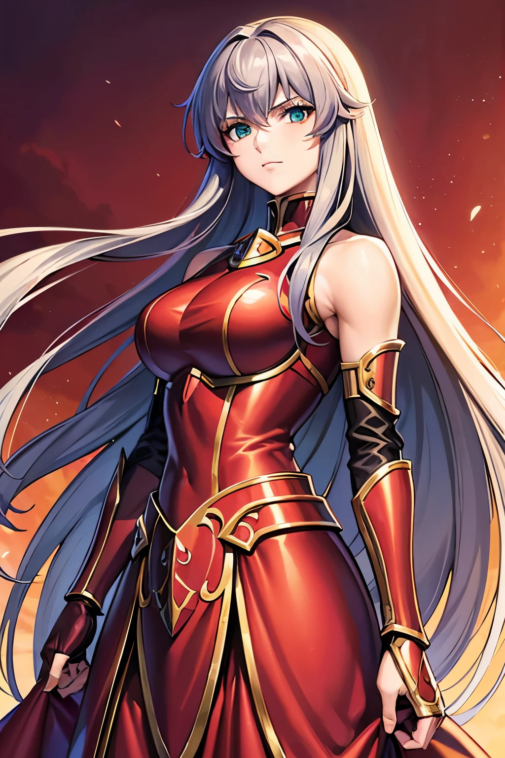 (high-quality, breathtaking),(expressive eyes, perfect face) 1female, Symmetrical Eyes, girl , solo, adult , portrait, dark green colored hair, red coloured eyes, stylised hair, neutral expression, soft smile, medium length hair, loose hair, side bangs, wavy hair, narrow eyes, looking at viewer, black armor, black and red clothing color palette, red trim, fantasy armor, corruption theme, Sasha Saint Seiya Lost Canvas, Goddess Athena, haunting red background, Saint Seiya Armor, full plate, long sleeved shirt, gauntlets, shoulder pads, BlackKnight_fe, detailed eyes
