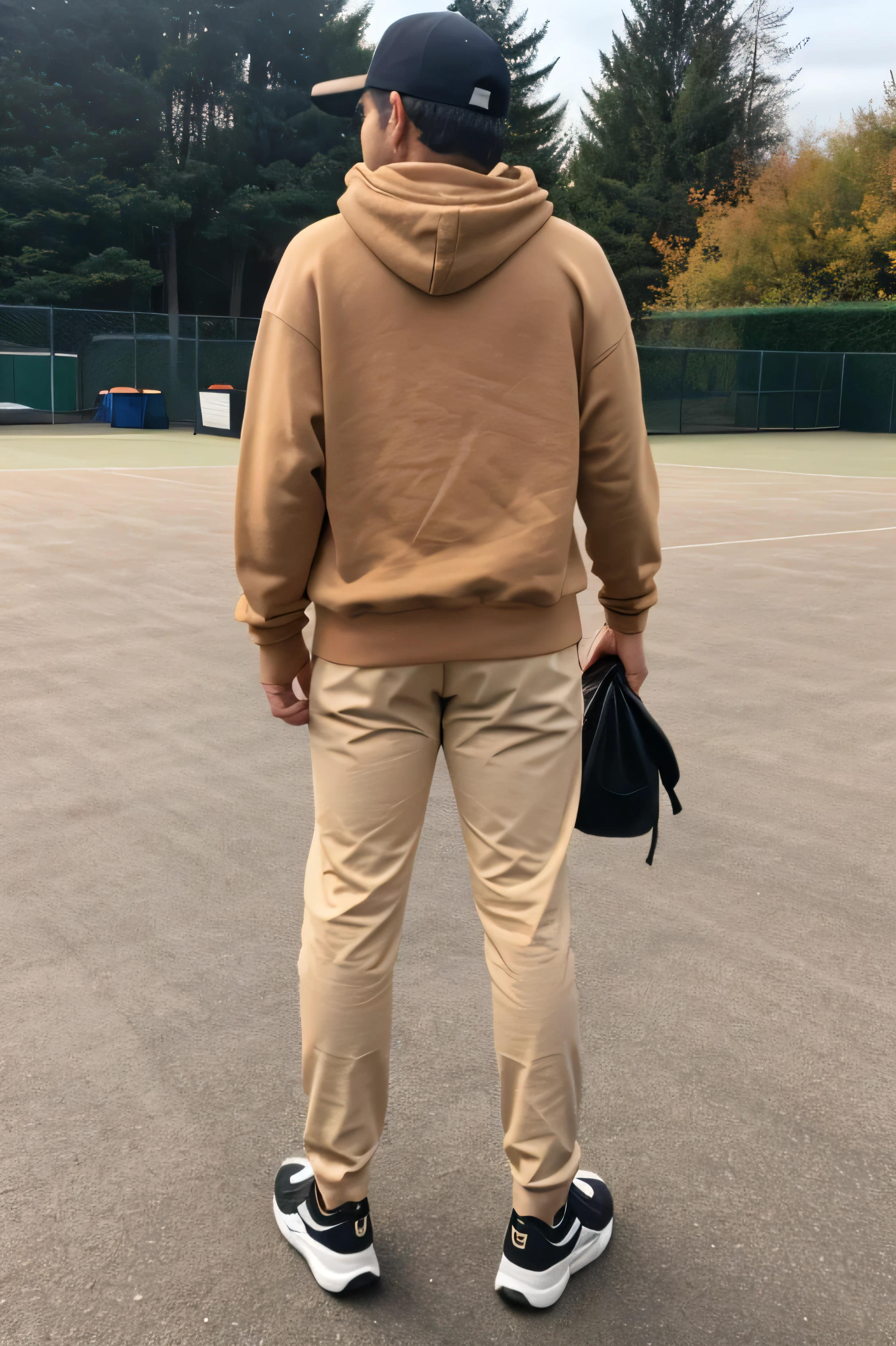 Photo of a parking lot showing a light tan man from behind wearing black pants, a brown sweatshirt and beige tennis shoes