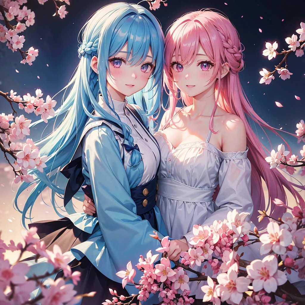 (Sky blue medium hair),(Braided hair tied together)、Pink eyes、Fair skin、(whole body)、(One Girl)、(suit)、Cherry Blossoms at Night、A big smile、、(masterpiece、Highest quality、Very detailed、Best Shadow)、(Detailed Background)、(Beautifully detailed face)、High contrast、(Best lighting、Very delicate and beautiful)、((Cinematic Light))、colorful、Hyper Detail、Dramatic Light、Exquisite detail、