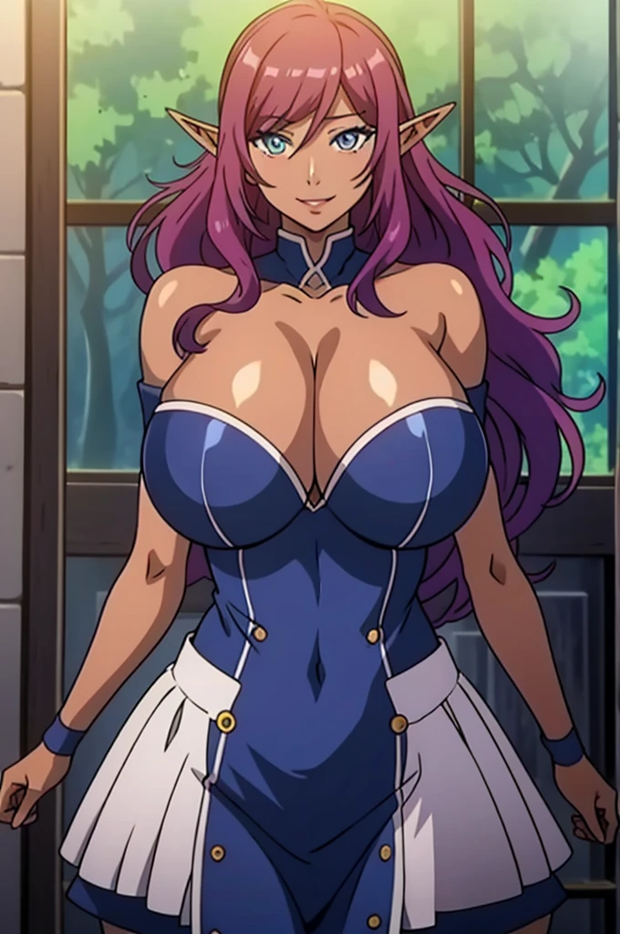 An anime-style artwork depicting Delva Celebrian from the game Youkoso Sukebe Elf no Mori E.

Tag: Delva Celebrian, anime, detailed eyes, detailed lips, dress,  smiling expression, intense gaze, dynamic pose, indoor, palace, vibrant colors, digital art, high-resolution, professional quality, (gigantic breasts: 1.4), cleavage, huge , cowboy shot.