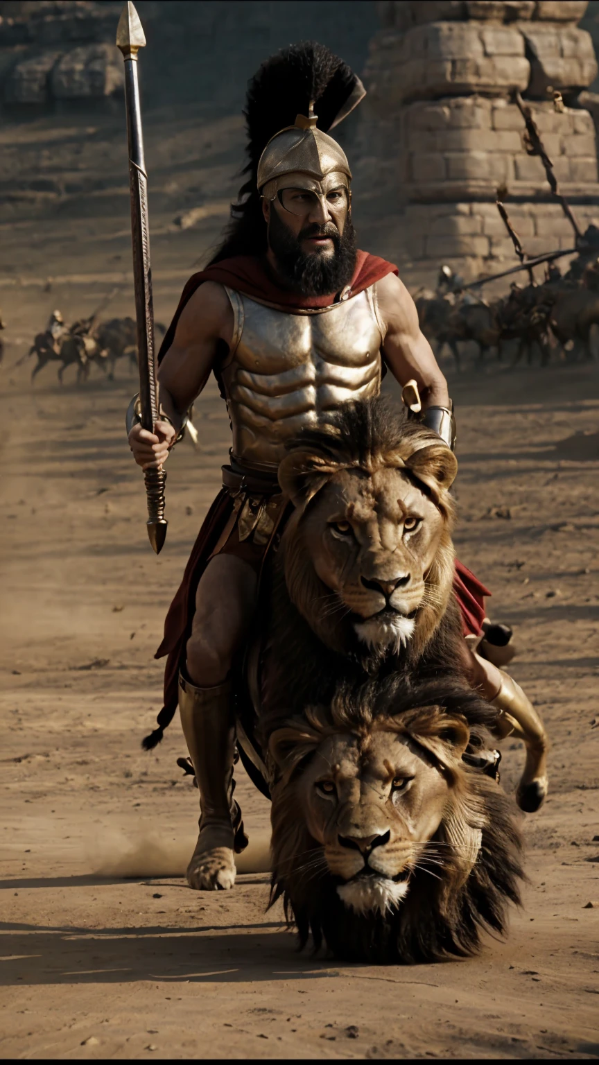 arafed man riding a lion with a sword and a helmet on, the man riding is on the lion, lion warrior, biblical epic movie, aslan the lion, scene from live action movie, maximus jacobs, epic vfx shot, lord of the jungle, still from a live action movie, epic action scene, lions, in screenshot from the 300 movie