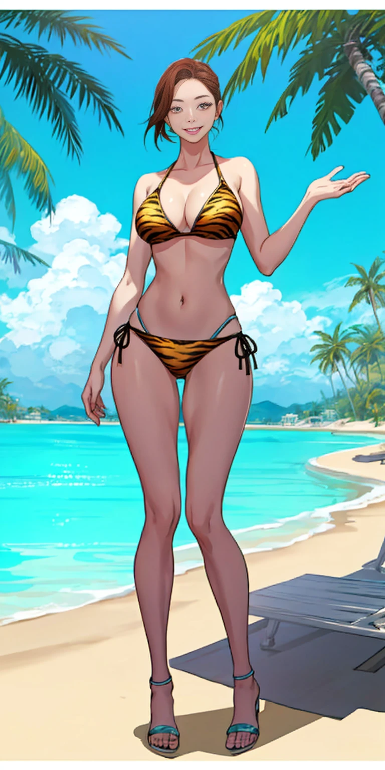 Subject: Woman in yellow tiger print bikini
Additional details:
Activity: Standing confidently on a beach or a poolside.
Background: Sunny day with clear skies (add palm trees for a beach setting).
Expression: Smiling and having fun.
Pose: Full body shot that is flattering and appropriate for swimwear.