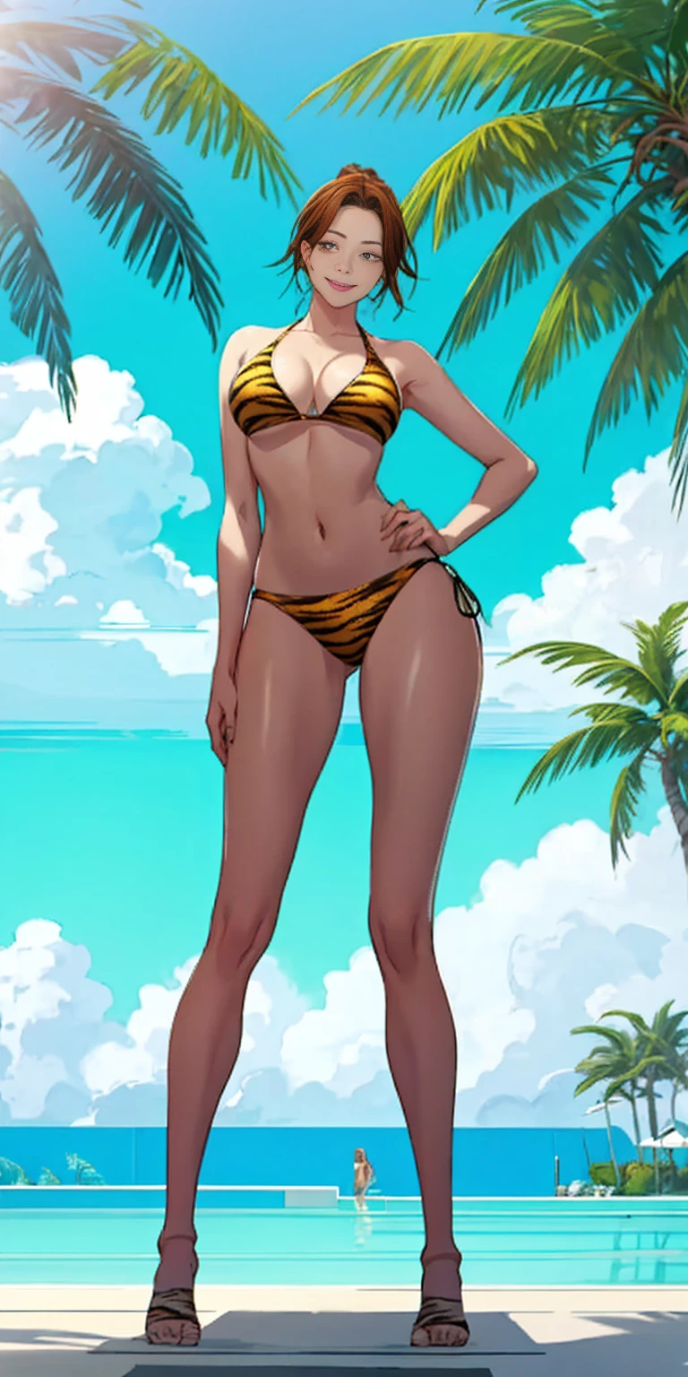 Subject: Woman in yellow tiger print bikini
Additional details:
Activity: Standing confidently on a beach or a poolside.
Background: Sunny day with clear skies (add palm trees for a beach setting).
Expression: Smiling and having fun.
Pose: Full body shot that is flattering and appropriate for swimwear.