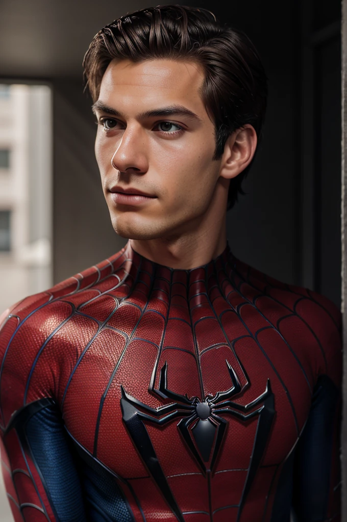 A photograph of spider man, no mask, 20 yo, handsome, detailed face, looking at camera, portrait, 8k uhd, high quality
