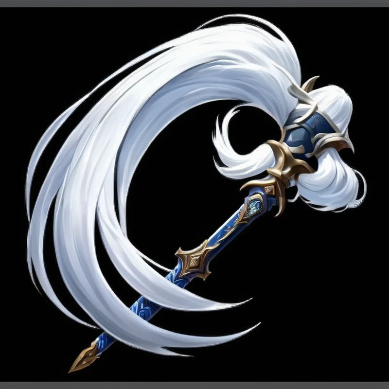 Close-up of white hair with a brush, The style of the Ghost Slayer Blade, Detailed long white hair, intricate fantasy spear, Sword weapons, spear, Pole arm, sickle, Flowing white hair, 幻想sickle, Against Art, White eagle icon, medievil spear, Irelia, Dragon Staff, Magic Wand, longspear, White-haired deity