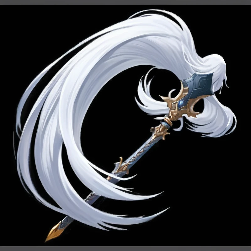 Close-up of white hair with a brush, The style of the Ghost Slayer Blade, Detailed long white hair, intricate fantasy spear, Sword weapons, spear, Pole arm, sickle, Flowing white hair, 幻想sickle, Against Art, White eagle icon, medievil spear, Irelia, Dragon Staff, Magic Wand, longspear, White-haired deity