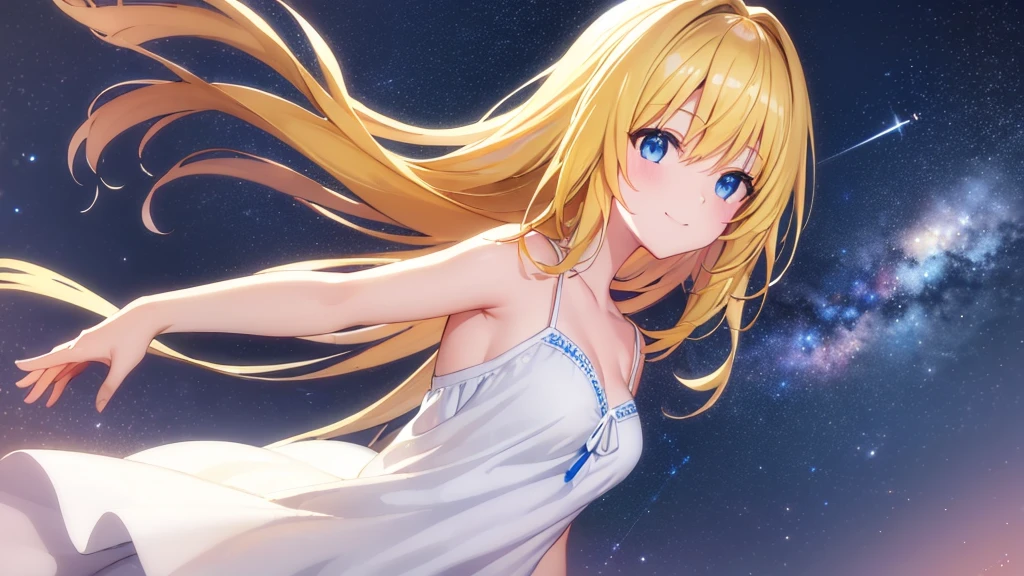 (masterpiece:1.3), (best quality:1.1), (8k, ultra detailed, ultra high res:1.2), ((anime style)),
1girl,
BREAK long hair, wavy hair, arms behind back,
(blonde hair),
(blue eyes),
medium breasts, (white camisole, Sequins, white sequins:1.4),
BREAK smile, (gazing skyward:1.2),
cowboy shot, BREAK (outdoor, Stars, Shooting star, sky, at night, galaxy, Cosmos, summer:1.3),
