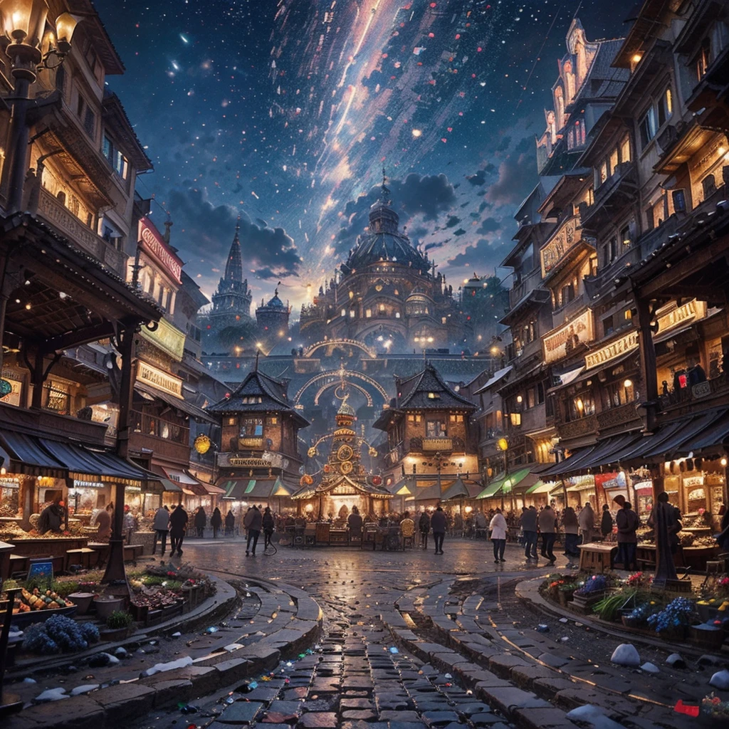 An exquisitely detailed painting of a bustling, fantastical market square at twilight. The scene is filled with a diverse array of unique characters, colorful stalls brimming with exotic goods, and enchanting lights casting a magical glow. The atmosphere is lively and whimsical, with intricate details in every corner, from the cobblestone streets to the ornate architecture."
