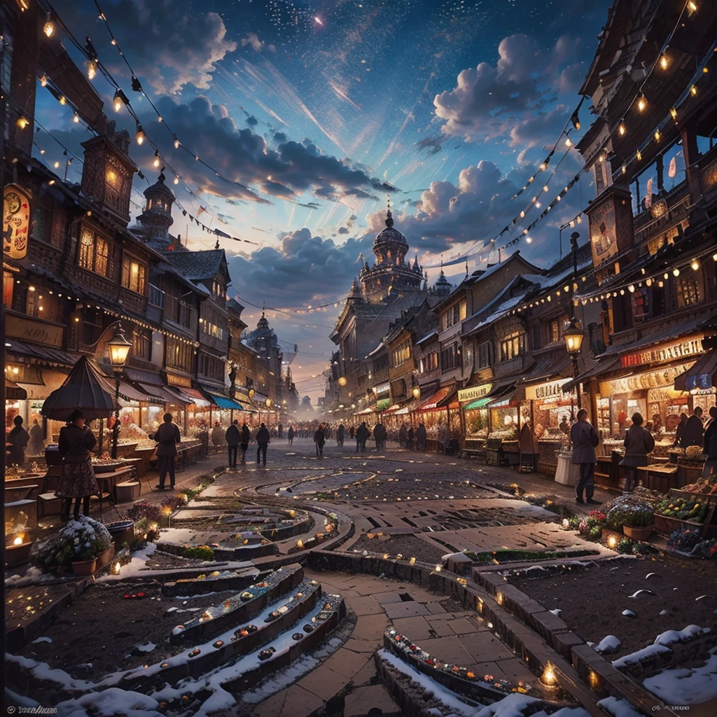 An exquisitely detailed painting of a bustling, fantastical market square at twilight. The scene is filled with a diverse array of unique characters, colorful stalls brimming with exotic goods, and enchanting lights casting a magical glow. The atmosphere is lively and whimsical, with intricate details in every corner, from the cobblestone streets to the ornate architecture."