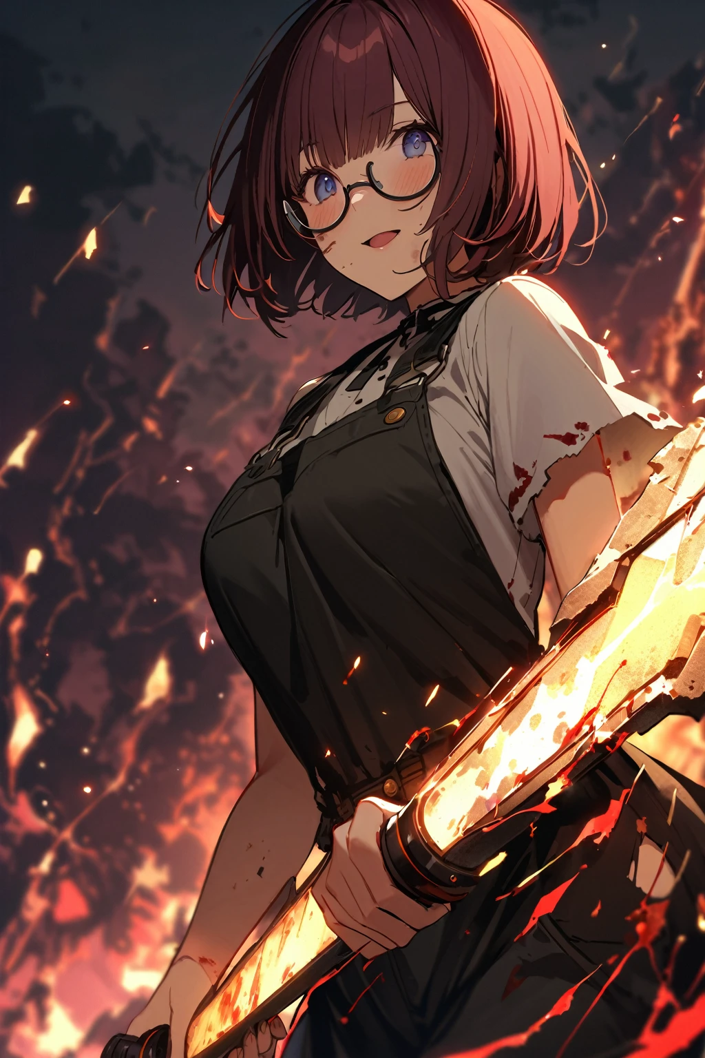 (extremely detailed fine touch:1.3), (((semi-rimless round eyewear:1.3))), (headphone:1.2), short hair, blunt bangs, 1 girl, evil smile, open mouth, black overalls, torn clothes, holding bloody chainsaw, blood skin, dirty skin, horror background,