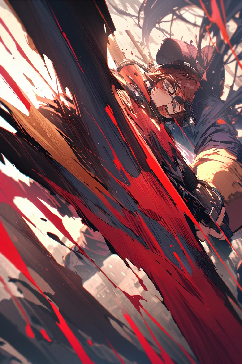 (extremely detailed fine touch:1.3), (((semi-rimless round eyewear:1.3))), (headphone:1.2), short hair, blunt bangs, 1 girl, evil smile, open mouth, black overalls, torn clothes, holding bloody chainsaw, blood skin, dirty skin, horror background,