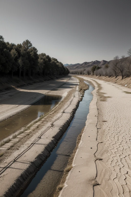 A dry river without any water with dry trees on the banks