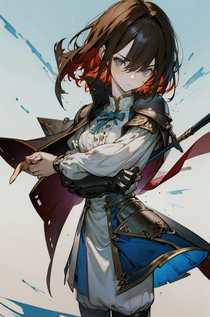((masterpiece_portrait)),(CG game_cg),(pixiv),(Berserk),(The Rising of the Shield Hero),(Beatrix Potter),(Color Field),(Dark_Fantasy),(2000s, 00s-anime-aesthetic),(male_focus),(feet_out_of_frame),(looking_front),sky_blue_background,forest,1boys,knight,muscular,round_face,short_hair,gradient_hair,black_hair,brown_hair,curly_hair,blue_eyes,glowing_pupils,flat_chest,standing,expression_face,Closed_mouth,clenched_hands,Navy_trench_coat,Black_knight_armor,Gray_armored_boots,reaching_out,Gray_cuisse