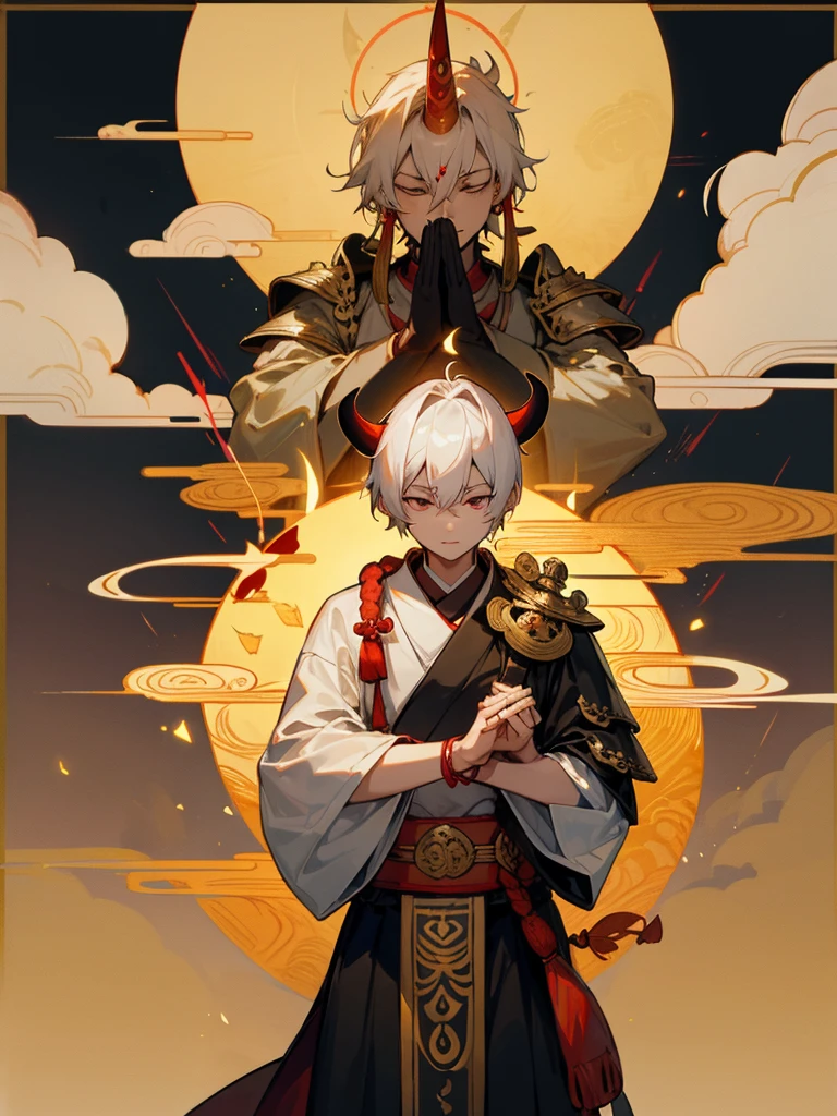 Buddha, evil eye, horn, white short hair, black armor, tori ready, man, full moon, hands together in prayer, Zen meditation golden lion Chi Japanese sword