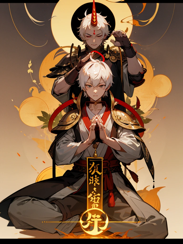 Buddha, evil eye, horn, white short hair, black armor, tori ready, man, full moon, hands together in prayer, Zen meditation golden lion Chi Japanese sword