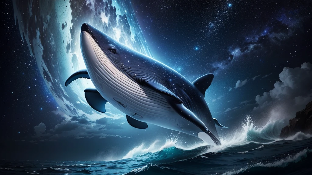 A gentle whale gliding through the cosmos, carrying a starry saddle adorned with celestial maps.