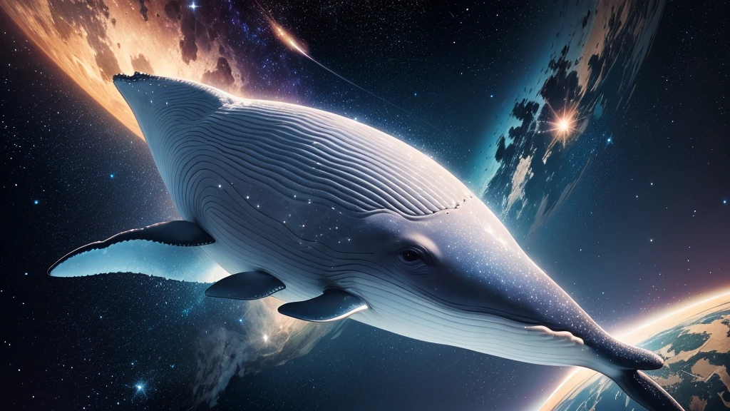A gentle whale gliding through the cosmos, carrying a starry saddle adorned with celestial maps.