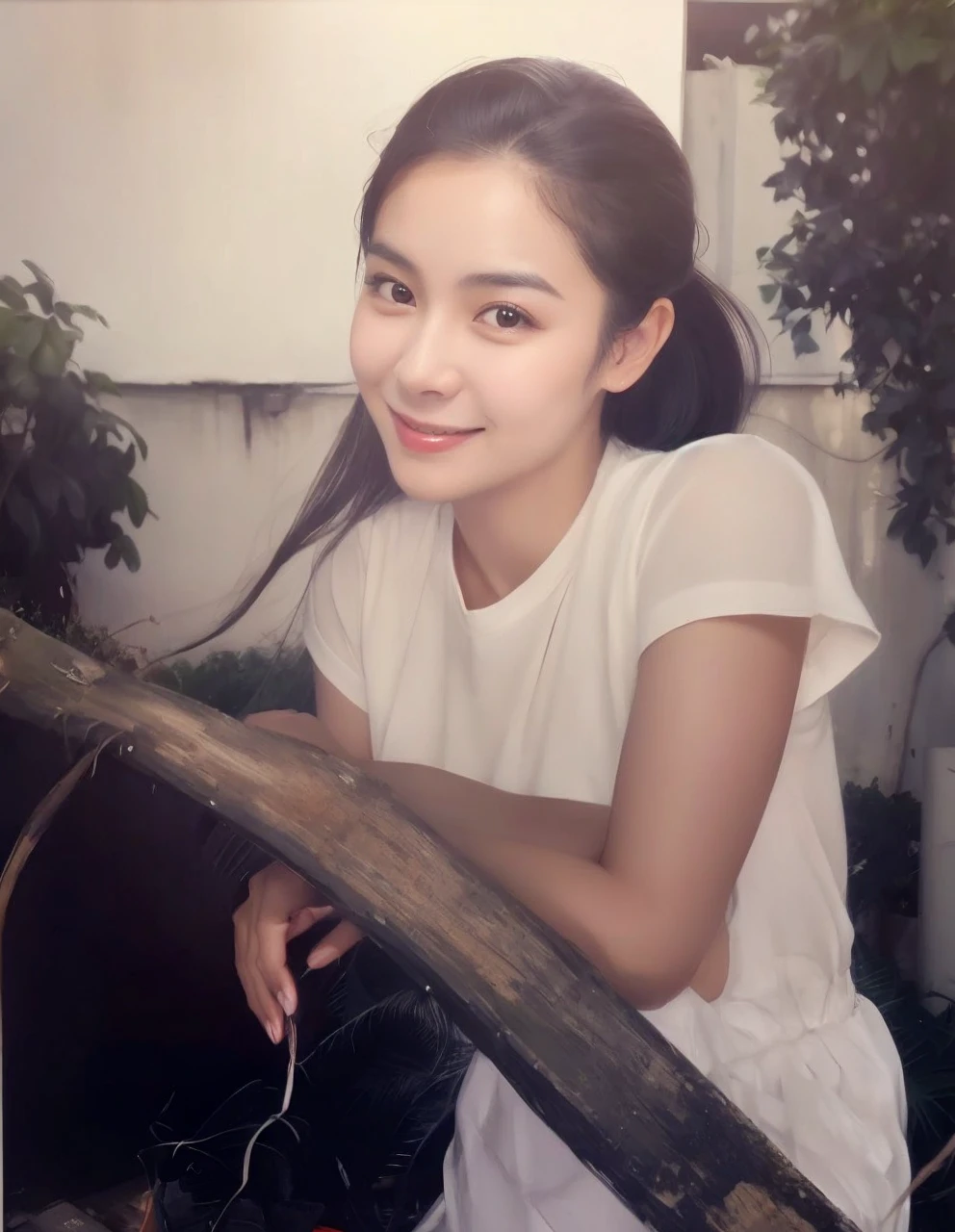 there is a woman sitting on a bench with a smile on her face, nivanh chanthara, mai anh tran, dang my linh, ruan jia beautiful!, handsome girl, bautiful, in style of lam manh, charming smile, with cute - fine - face, beutiful, gorgeous lady, fanart, a cute young woman, lovely woman