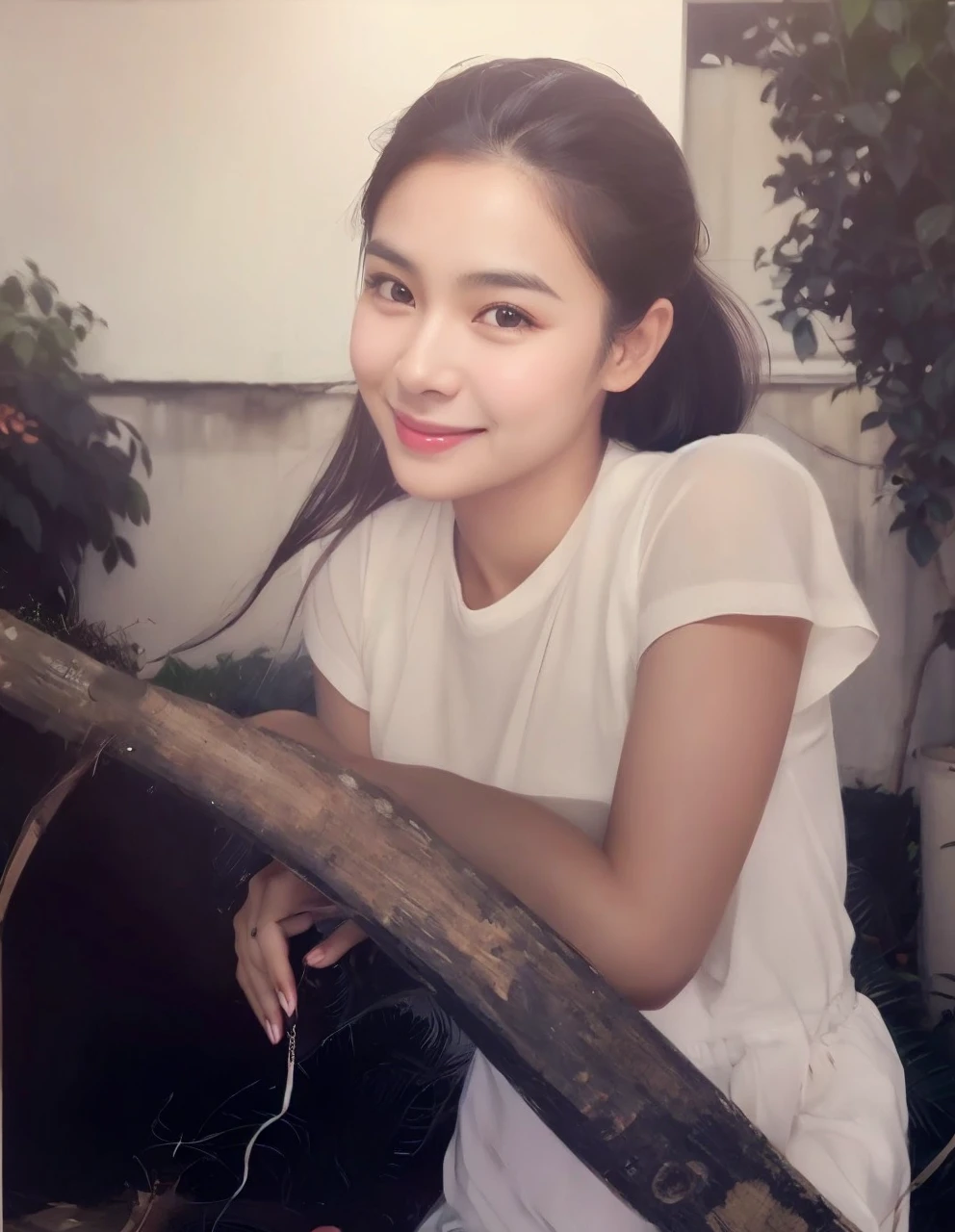 there is a woman sitting on a bench with a smile on her face, nivanh chanthara, mai anh tran, dang my linh, ruan jia beautiful!, handsome girl, bautiful, in style of lam manh, charming smile, with cute - fine - face, beutiful, gorgeous lady, fanart, a cute young woman, lovely woman