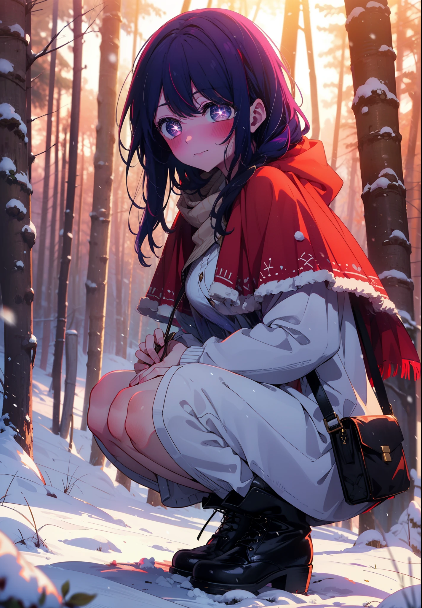 aihoshino, Ai Hoshino, Long Hair, bangs, (Purple eyes:1.1), Purple Hair, (Symbol-shaped pupil:1.5), smile,,smile,blush,White Breath,
Open your mouth,snow,Ground bonfire, Outdoor, boots, snowing, From the side, wood, suitcase, Cape, Blurred, , forest, White handbag, nature, Squat, Mouth closed, Cape, winter, Written boundary depth, Black shoes, red Cape break looking at viewer, Upper Body, whole body, break Outdoor, forest, nature, break (masterpiece:1.2), Highest quality, High resolution, unity 8k wallpaper, (shape:0.8), (Beautiful and beautiful eyes:1.6), Highly detailed face, Perfect lighting, Extremely detailed CG, (Perfect hands, Perfect Anatomy),
