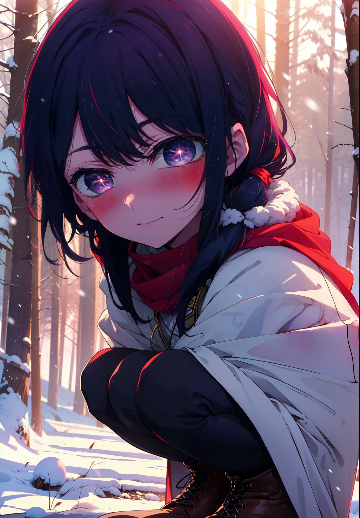 aihoshino, Ai Hoshino, Long Hair, bangs, (Purple eyes:1.1), Purple Hair, (Symbol-shaped pupil:1.5), smile,,smile,blush,White Breath,
Open your mouth,snow,Ground bonfire, Outdoor, boots, snowing, From the side, wood, suitcase, Cape, Blurred, , forest, White handbag, nature,  Squat, Mouth closed, Cape, winter, Written boundary depth, Black shoes, red Cape break looking at viewer, Upper Body, whole body, break Outdoor, forest, nature, break (masterpiece:1.2), Highest quality, High resolution, unity 8k wallpaper, (shape:0.8), (Beautiful and beautiful eyes:1.6), Highly detailed face, Perfect lighting, Extremely detailed CG, (Perfect hands, Perfect Anatomy),