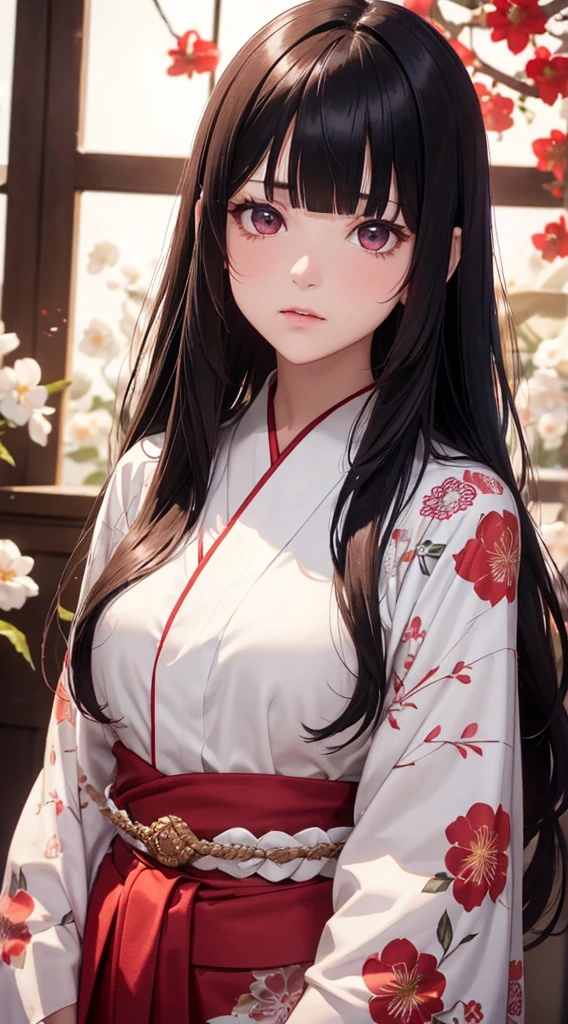 The background is a world of white flowers、(((Highest quality))), Tabletop, High resolution, (((One Girl))), 16 years old,Purple eyes、Long black hair,(((Jagged bangs))),(((Wavy bangs))),(((Red long hair ornament))),(((Disjointed bangs))),(Tsundere face),Pink kimono,Black Skirt,String Band,((Dark red floral kimono)), Tyndall effect, Realistic, Shadow Studio, red lighting, Dual Tone Lighting, (High Definition Skins: 1.2) Digital SLR, photograph, High resolution, 4K, 8K, Background Blur,Beautiful fade out、The background is a world of white flowers