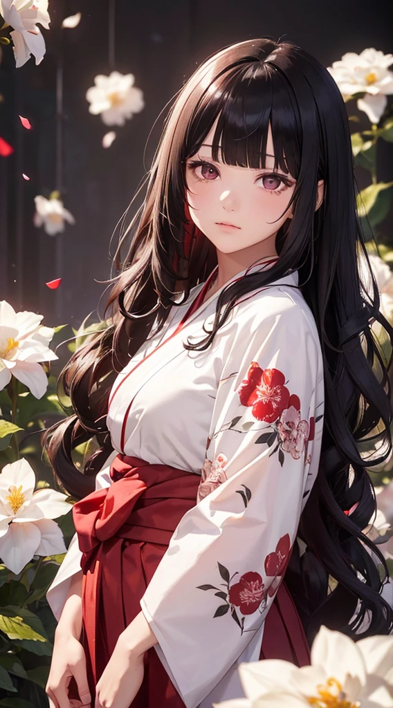 The background is a world of white flowers、(((Highest quality))), Tabletop, High resolution, (((One Girl))), 16 years old,Purple eyes、Long black hair,(((Jagged bangs))),(((Wavy bangs))),(((Red long hair ornament))),(((Disjointed bangs))),(Tsundere face),Pink kimono,Black Skirt,String Band,((Dark red floral kimono)), Tyndall effect, Realistic, Shadow Studio, red lighting, Dual Tone Lighting, (High Definition Skins: 1.2) Digital SLR, photograph, High resolution, 4K, 8K, Background Blur,Beautiful fade out、The background is a world of white flowers