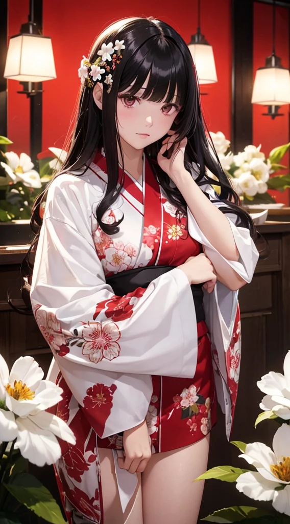 The background is a world of white flowers、(((Highest quality))), Tabletop, High resolution, (((One Girl))), 16 years old,Purple eyes、Long black hair,(((Jagged bangs))),(((Wavy bangs))),(((Red long hair ornament))),(((Disjointed bangs))),(Tsundere face),Pink kimono,Black Skirt,String Band,((Dark red floral kimono)), Tyndall effect, Realistic, Shadow Studio, red lighting, Dual Tone Lighting, (High Definition Skins: 1.2) Digital SLR, photograph, High resolution, 4K, 8K, Background Blur,Beautiful fade out、The background is a world of white flowers