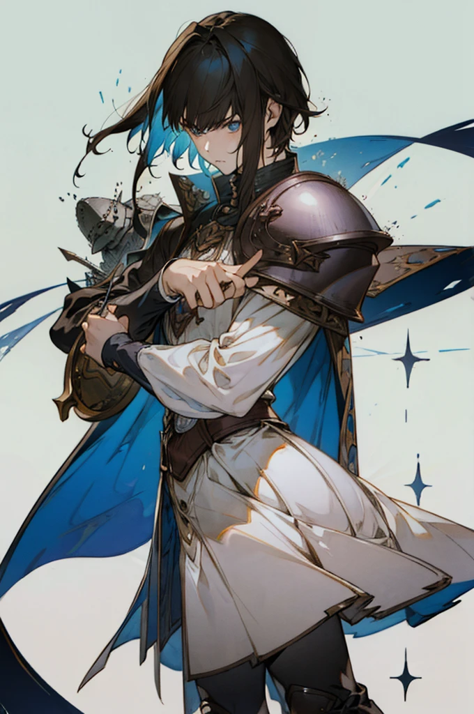 ((masterpiece_portrait)),(CG game_cg),(pixiv),(Berserk),(The Rising of the Shield Hero),(Beatrix Potter),(Color Field),(Dark_Fantasy),(2000s, 00s-anime-aesthetic),(male_focus),(feet_out_of_frame),(looking_front),sky_blue_background,forest,1boys,knight,muscular,round_face,short_hair,gradient_hair,black_hair,brown_hair,curly_hair,blue_eyes,glowing_pupils,flat_chest,standing,expression_face,Closed_mouth,clenched_hands,Navy_trench_coat,Black_knight_armor,Gray_armored_boots,reaching_out,Gray_cuisse