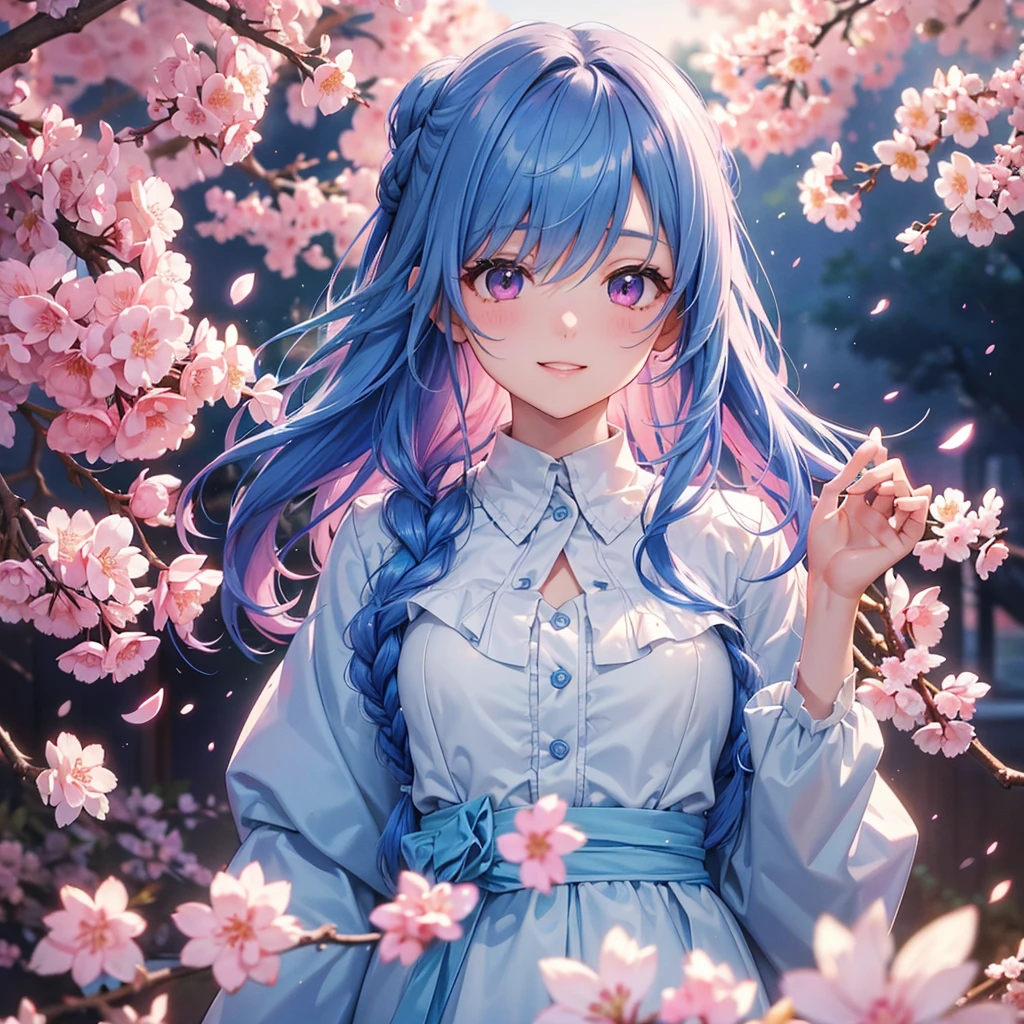 (Sky blue medium hair),(Braided hair tied together)、Pink eyes、Fair skin、(whole body)、(One Girl)、(suit)、Cherry Blossoms at Night、A big smile、、(masterpiece、Highest quality、Very detailed、Best Shadow)、(Detailed Background)、(Beautifully detailed face)、High contrast、(Best lighting、Very delicate and beautiful)、((Cinematic Light))、colorful、Hyper Detail、Dramatic Light、Exquisite detail、