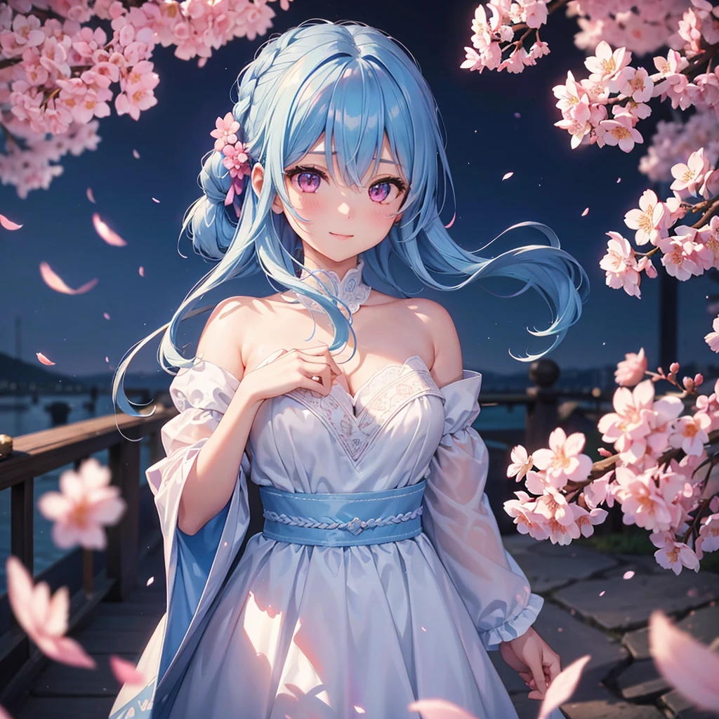 (Sky blue medium hair),(Braided hair tied together)、Pink eyes、Fair skin、(whole body)、(One Girl)、(suit)、Cherry Blossoms at Night、A big smile、、(masterpiece、Highest quality、Very detailed、Best Shadow)、(Detailed Background)、(Beautifully detailed face)、High contrast、(Best lighting、Very delicate and beautiful)、((Cinematic Light))、colorful、Hyper Detail、Dramatic Light、Exquisite detail、