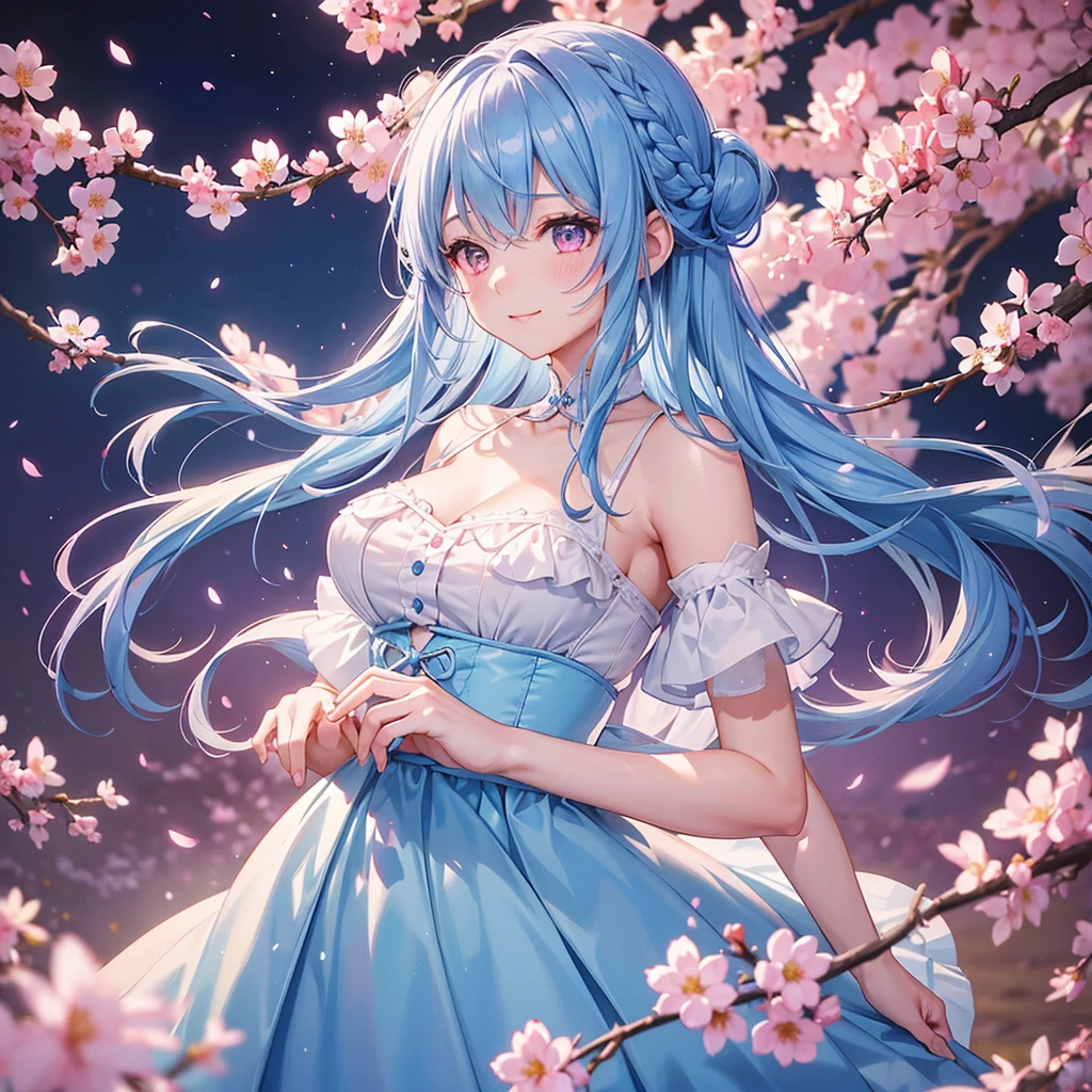 (Sky blue medium hair),(Braided hair tied together)、Pink eyes、Fair skin、(whole body)、(One Girl)、(suit)、Cherry Blossoms at Night、A big smile、、(masterpiece、Highest quality、Very detailed、Best Shadow)、(Detailed Background)、(Beautifully detailed face)、High contrast、(Best lighting、Very delicate and beautiful)、((Cinematic Light))、colorful、Hyper Detail、Dramatic Light、Exquisite detail、