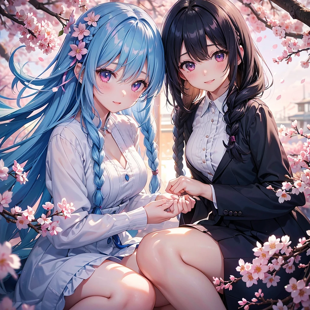 (Sky blue medium hair),(Braided hair tied together)、Pink eyes、Fair skin、(whole body)、(One Girl)、(suit)、Cherry Blossoms at Night、A big smile、、(masterpiece、Highest quality、Very detailed、Best Shadow)、(Detailed Background)、(Beautifully detailed face)、High contrast、(Best lighting、Very delicate and beautiful)、((Cinematic Light))、colorful、Hyper Detail、Dramatic Light、Exquisite detail、