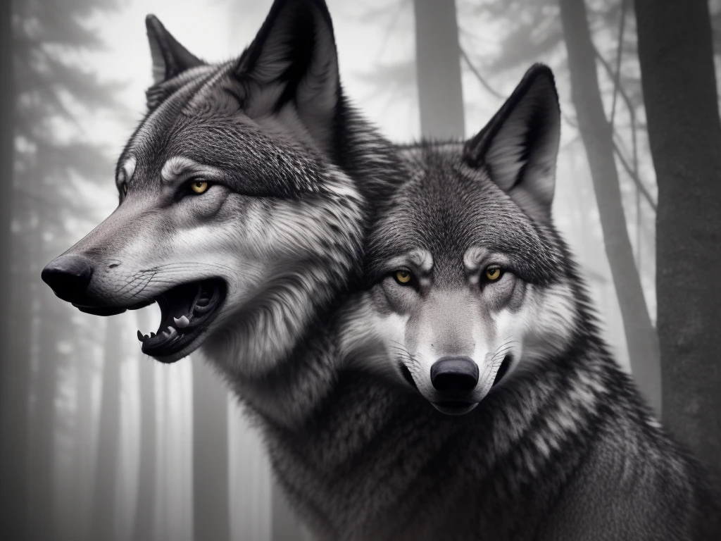 (Double exposure), black dark background, (angry 1wolf long teeth), (foggy forest), masterpiece, best quality. [The character is surrounded by mist, evoking a mysterious and eerie atmosphere. The lighting is dark and atmospheric, with smoke adding a touch of sinister ambiance. Best quality image, HDR enhancement, showcasing the utmost level of detail and realism, full body shot:1.5]. [8K, Best Quality, Ultra High Resolution, (highly detailed CG unity 8k wallpaper), (best photo), cry, (best shadows), isometric 3D, octane rendering, ray tracing, highly detailed, (Best quality, 4K, 8k:1.2), absurdity, ultra detailed, (realistic, photorealistic, photorealistic:1.37), complex parts, HDR, (complex parts:1.12), (hyper detailed, hyper realistic, Soft lighting, spicy:1.2), (complex parts, Hyper detailed:1.15). Blurred foreground. (backlit), masterpiece, high quality, brightness, chromatic aberration, foggy smoke, shadows, ontrast, clear sky, (warm hue, warm tone), high details, natural reflections].