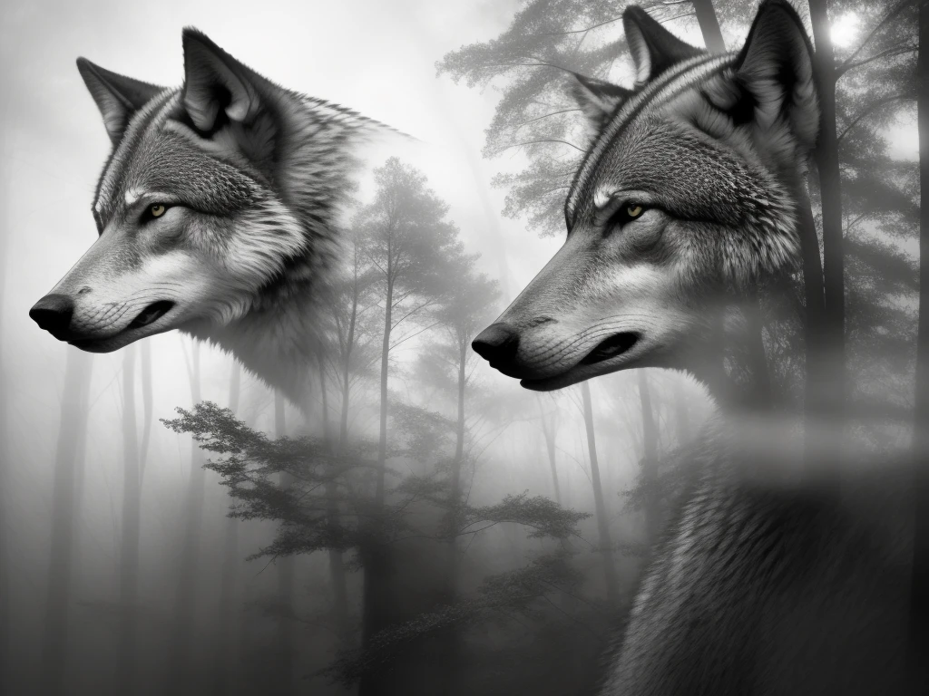 (Double exposure), black dark background, (angry 1wolf long teeth), (foggy forest), masterpiece, best quality. [The character is surrounded by mist, evoking a mysterious and eerie atmosphere. The lighting is dark and atmospheric, with smoke adding a touch of sinister ambiance. Best quality image, HDR enhancement, showcasing the utmost level of detail and realism, full body shot:1.5]. [8K, Best Quality, Ultra High Resolution, (highly detailed CG unity 8k wallpaper), (best photo), cry, (best shadows), isometric 3D, octane rendering, ray tracing, highly detailed, (Best quality, 4K, 8k:1.2), absurdity, ultra detailed, (realistic, photorealistic, photorealistic:1.37), complex parts, HDR, (complex parts:1.12), (hyper detailed, hyper realistic, Soft lighting, spicy:1.2), (complex parts, Hyper detailed:1.15). Blurred foreground. (backlit), masterpiece, high quality, brightness, chromatic aberration, foggy smoke, shadows, ontrast, clear sky, (warm hue, warm tone), high details, natural reflections].