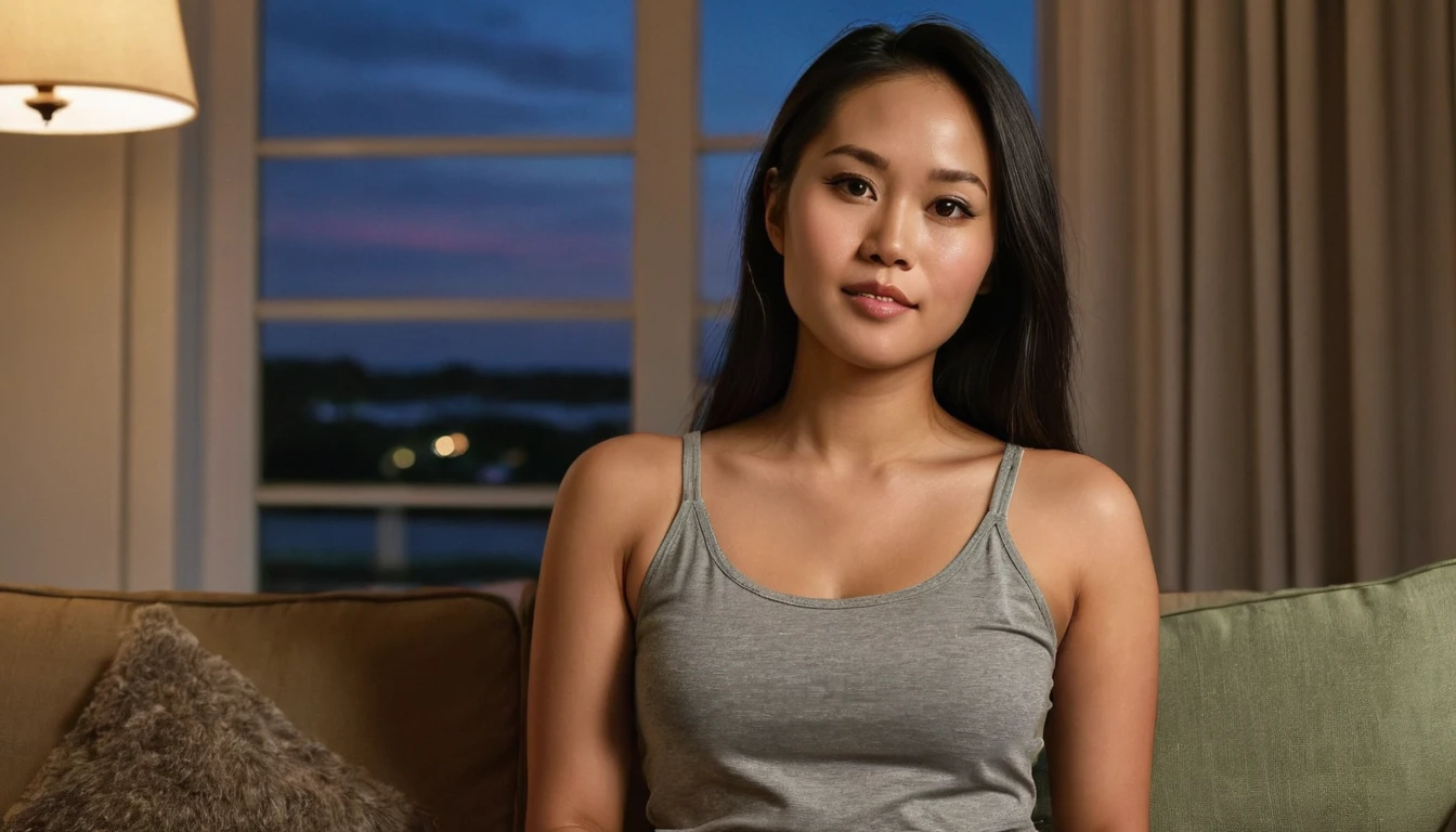 "Generate a photorealistic image of a slender,  Asian-Hispanic-Filipina woman, 34 years old, with dark, tanned skin and waist-length, thick black hair. She exhibits a natural look with a flat nose. The setting is an evening in a Philippine condo living room. She is wearing casual attire consisting of shorts and a t-shirt, engaged in a conversation on her phone. The lighting captures the twilight colors of the evening sky, seen through the living room window, using a 2.8 aperture for a shallow depth of field, focusing on the detailed textures of her face and hair."

