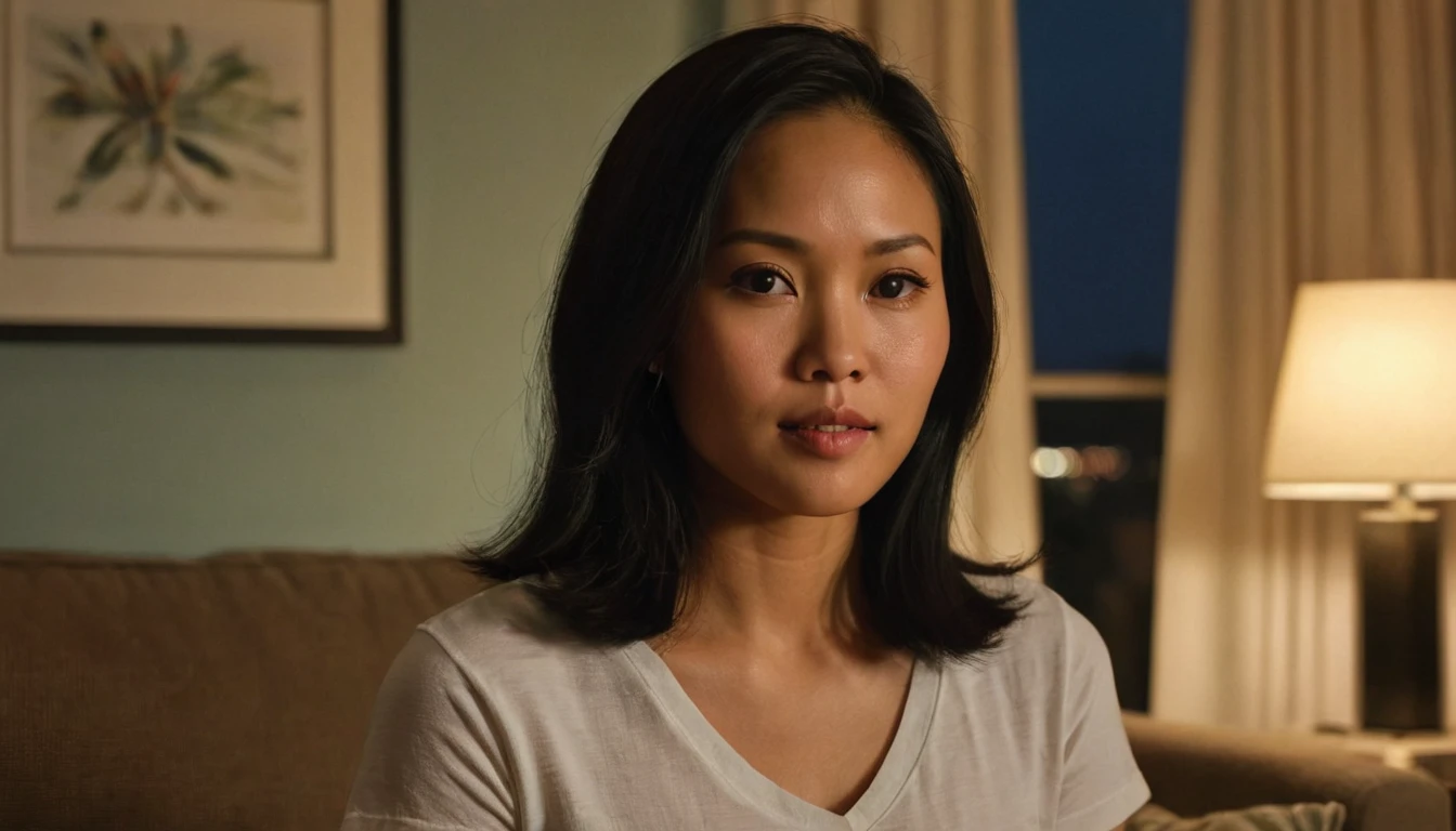 "Generate a photorealistic image of a slender, Asian-Hispanic-Filipina woman, 34 years old, with dark, tanned skin and waist-length, thick black hair. She exhibits a natural look with a flat nose. The setting is an evening in a Philippine condo living room. She is wearing casual attire consisting of shorts and a t-shirt, engaged in a conversation on her phone. The lighting captures the twilight colors of the evening sky, seen through the living room window, using a 2.8 aperture for a shallow depth of field, focusing on the detailed textures of her face and hair."