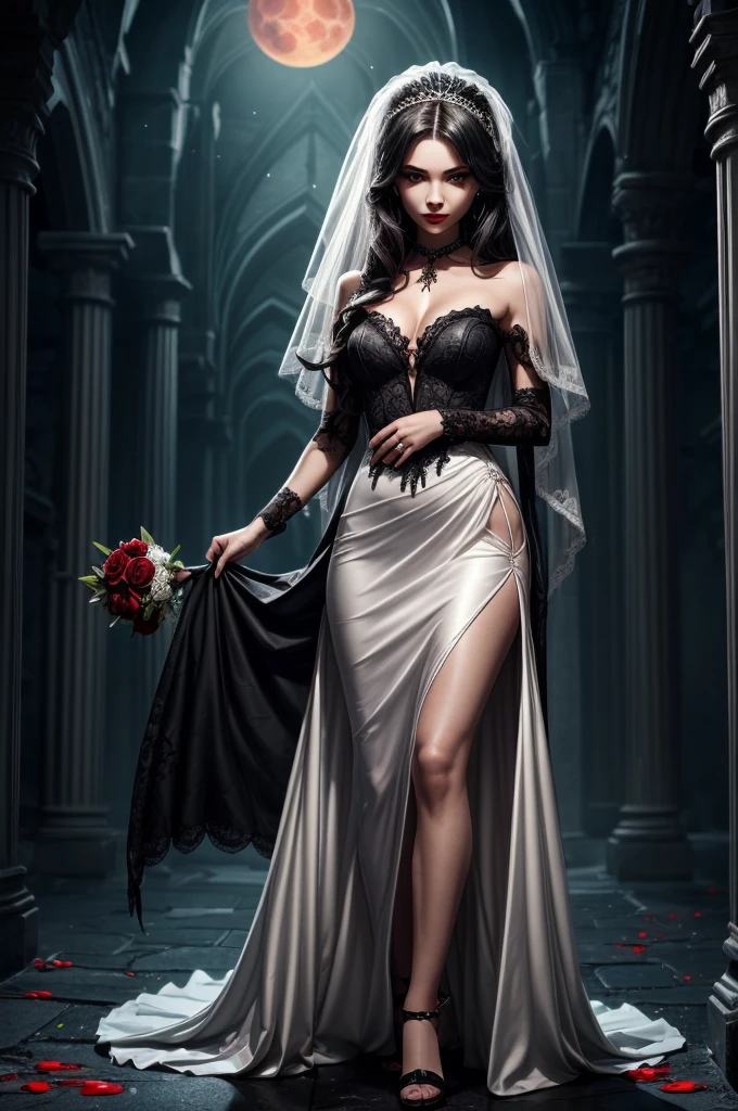 In the night graveyard near the open coffin standing beatiful pale bride female, she have pale skin, beatiful face with silver eyes dark red lipstick black eyeshadows and black tear trace on her face, her haie is black as the darkest night, she dressed in old wedding dress with holes and blood stains and bare feets, in her hands she holding withered black rose bouquet, she have greennish glow aura around her, there is blood moon in the sky,(ultra high quality fantasy art, ghothic dark fantasy style, masterpiece, ultra high quality character design, 8k quality anime art, realistic anime art, top quality wallpaper illustration, detailed ultra high quality accurate face, high quality design and accurate physic)