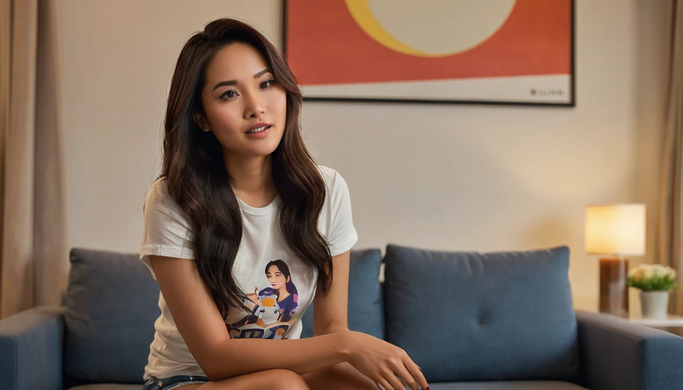 "Produce a photorealistic, medium shot of a 34-year-old woman with a blend of Asian and Hispanic features. She has brown, tanned skin and long, thick black hair down to her waist. Her body type is slender and , and she has a distinctly flat nose. She is depicted in a Philippine condo’s living room at twilight, wearing shorts and a t-shirt, deeply engaged in a phone conversation. The image should feature a soft bokeh background with twilight hues, emphasizing her face and hair details at a 2.8 aperture depth of field, capturing a natural and candid expression."