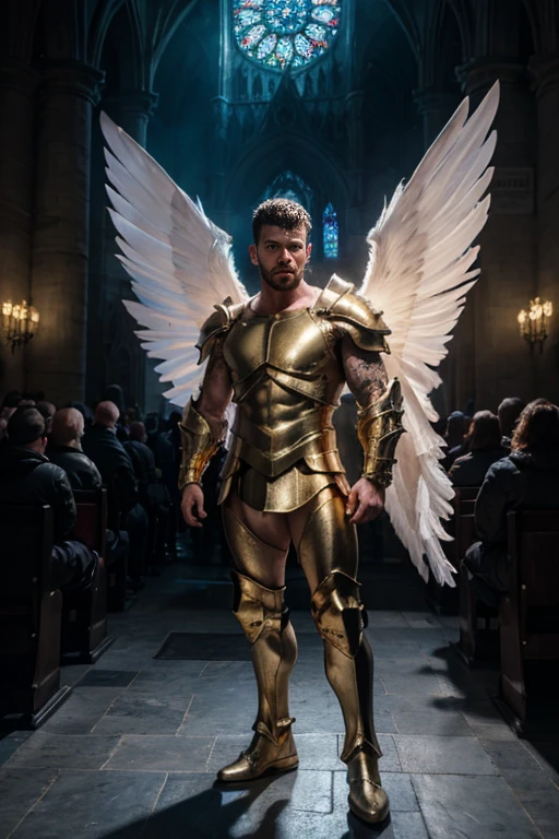 ultra high res, best quality, photo, 4k, (photorealistic:1.4), cinematic lighting, a male angel with large translucent wings,muscular man, abdominal muscle, wearing medieval gold armor, detailed feathers, cyberpunk environment, snow and  environment in the background, cathedral of , portal of the future, volumetric light, HD, magic, god light, backlighting, detailed face, contrapposto,